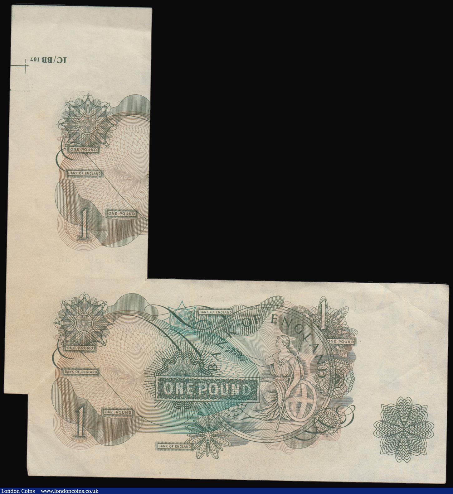 London Coins : A193 : Lot 78 : Error - One Pound Fforde QE II Portrait 1966 B305 S/N S34D 821088 very large extra paper flap extend...