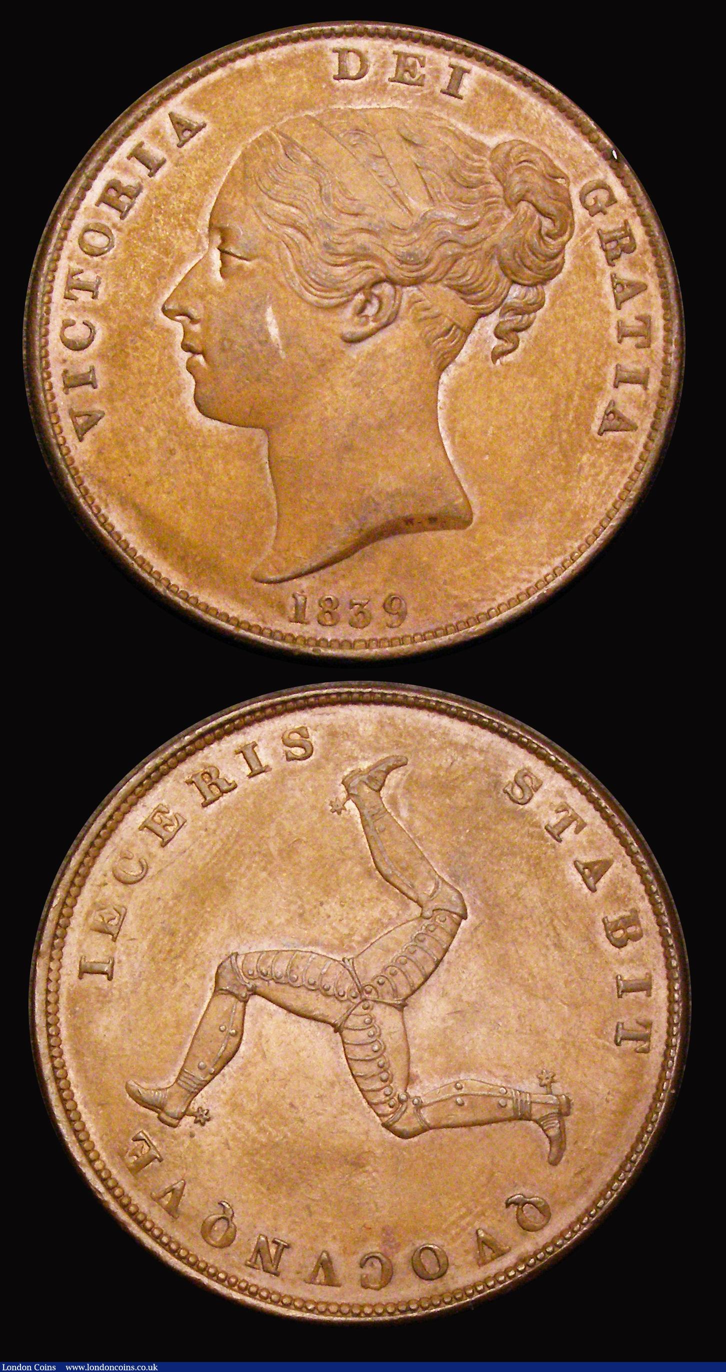 London Coins : A193 : Lot 817 : Isle of Man (2) Penny 1839 S.7417 NEF the reverse with some contact marks, Farthing 1839 S.7419 NEF