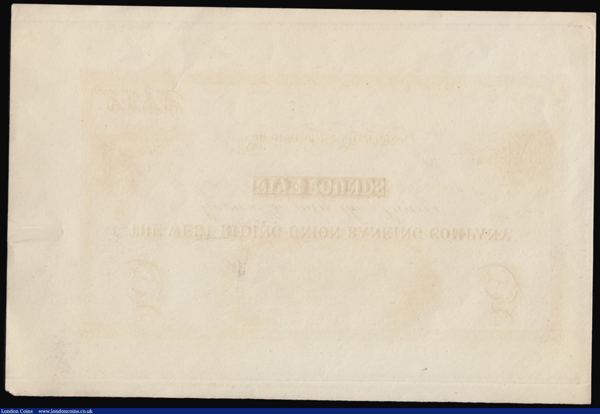 London Coins : A193 : Lot 83 : West Riding Union Banking Company (Huddersfield) 5 Pounds Proof 18xx black on white vignette of town...