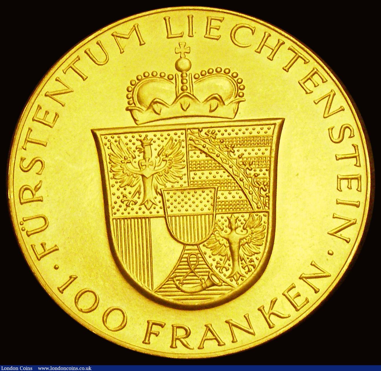 London Coins : A193 : Lot 839 : Liechtenstein 100 Franken Gold 1952 Franz Josef II and Princess Gina Y#17 UNC and pleasing, only 400...