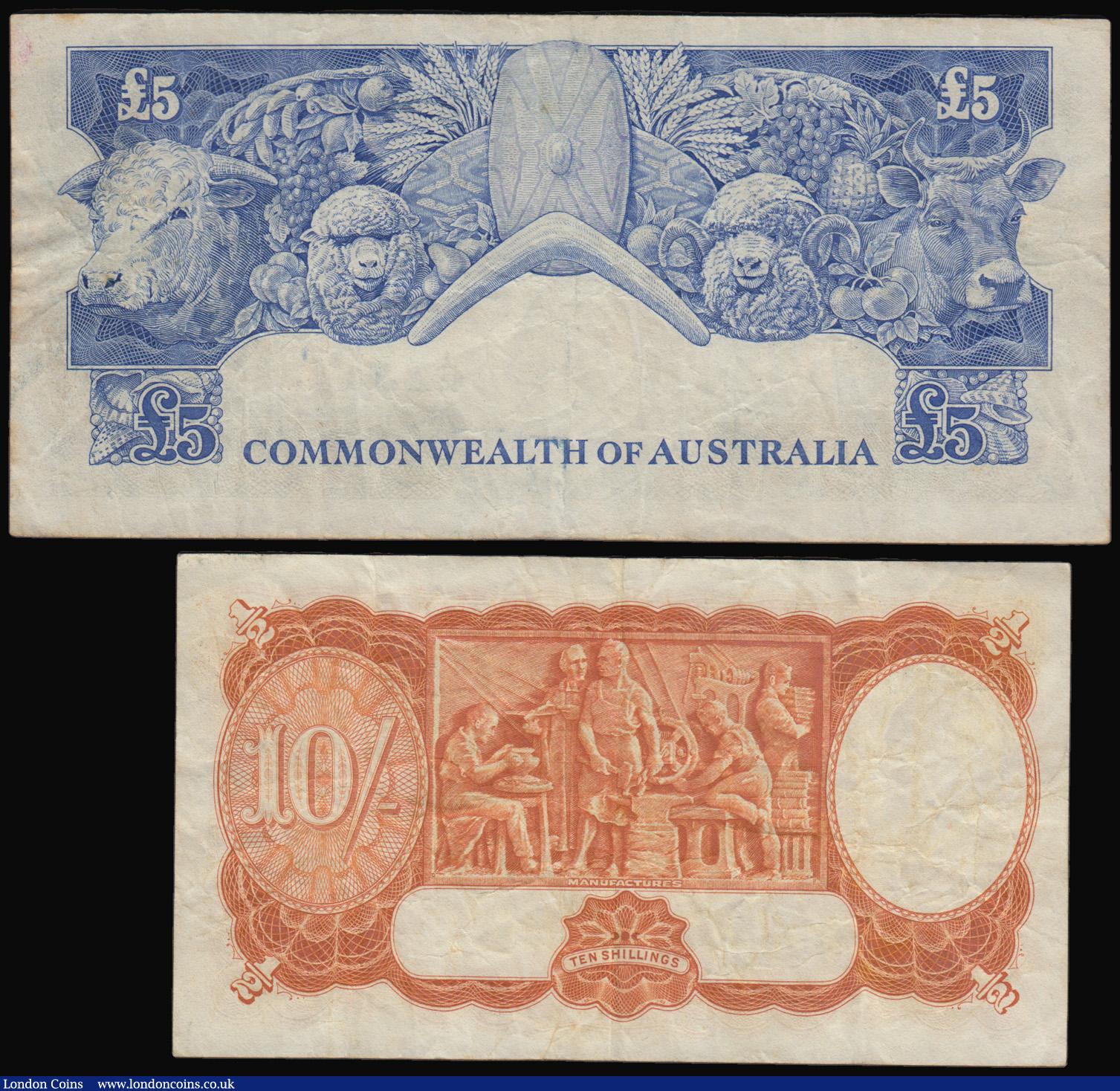 London Coins : A193 : Lot 87 : Australia (2) 5 Pounds ND(1960-95) Pick 35 bold Fine and 10 Shillings, George VI portrait, Pick25c, ...