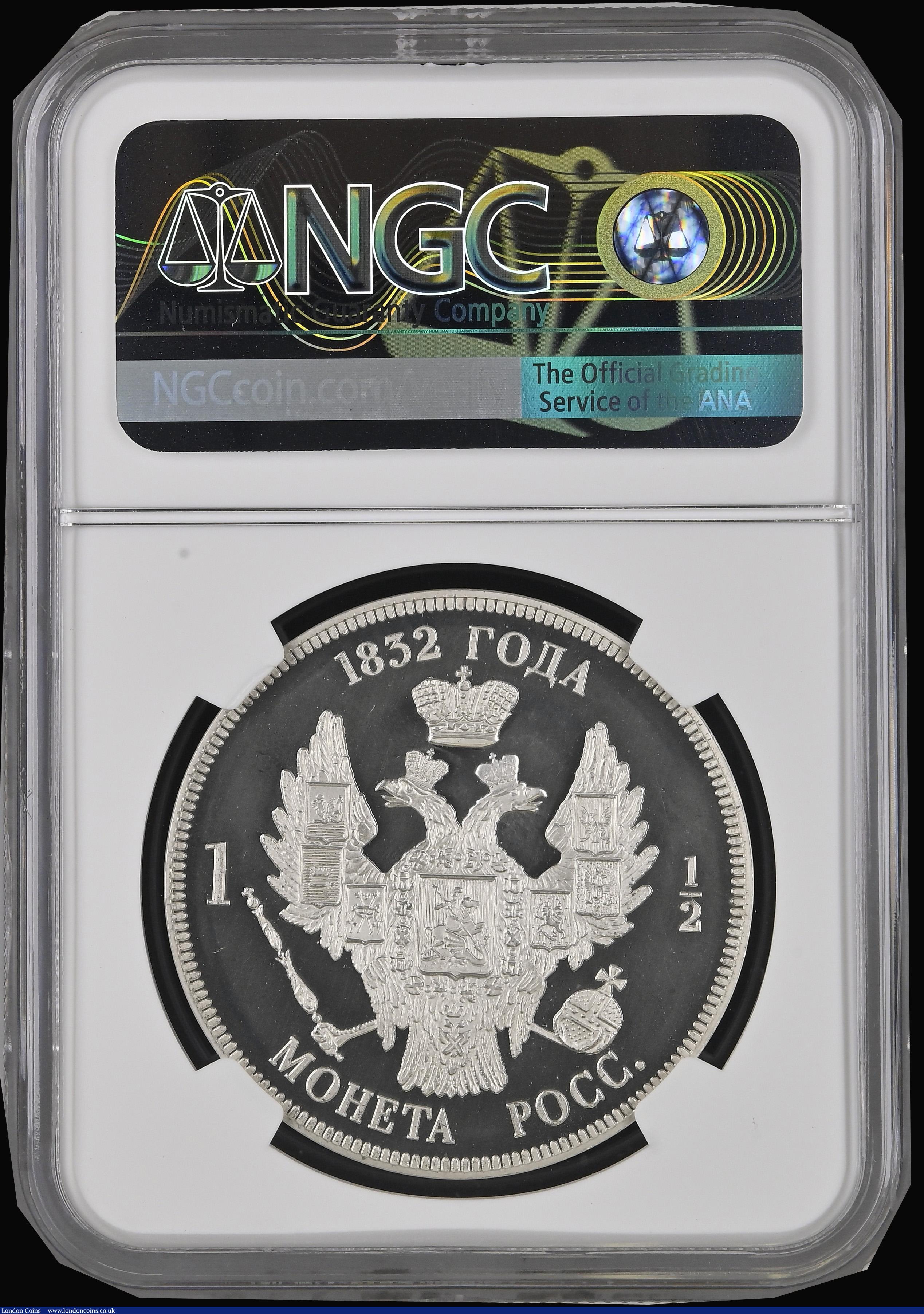London Coins : A193 : Lot 886 : Russia One and Half Roubles 1832 INA Retro Pattern Issue in Silver NGC PF66 ULTRA CAMEO, INA Archive...