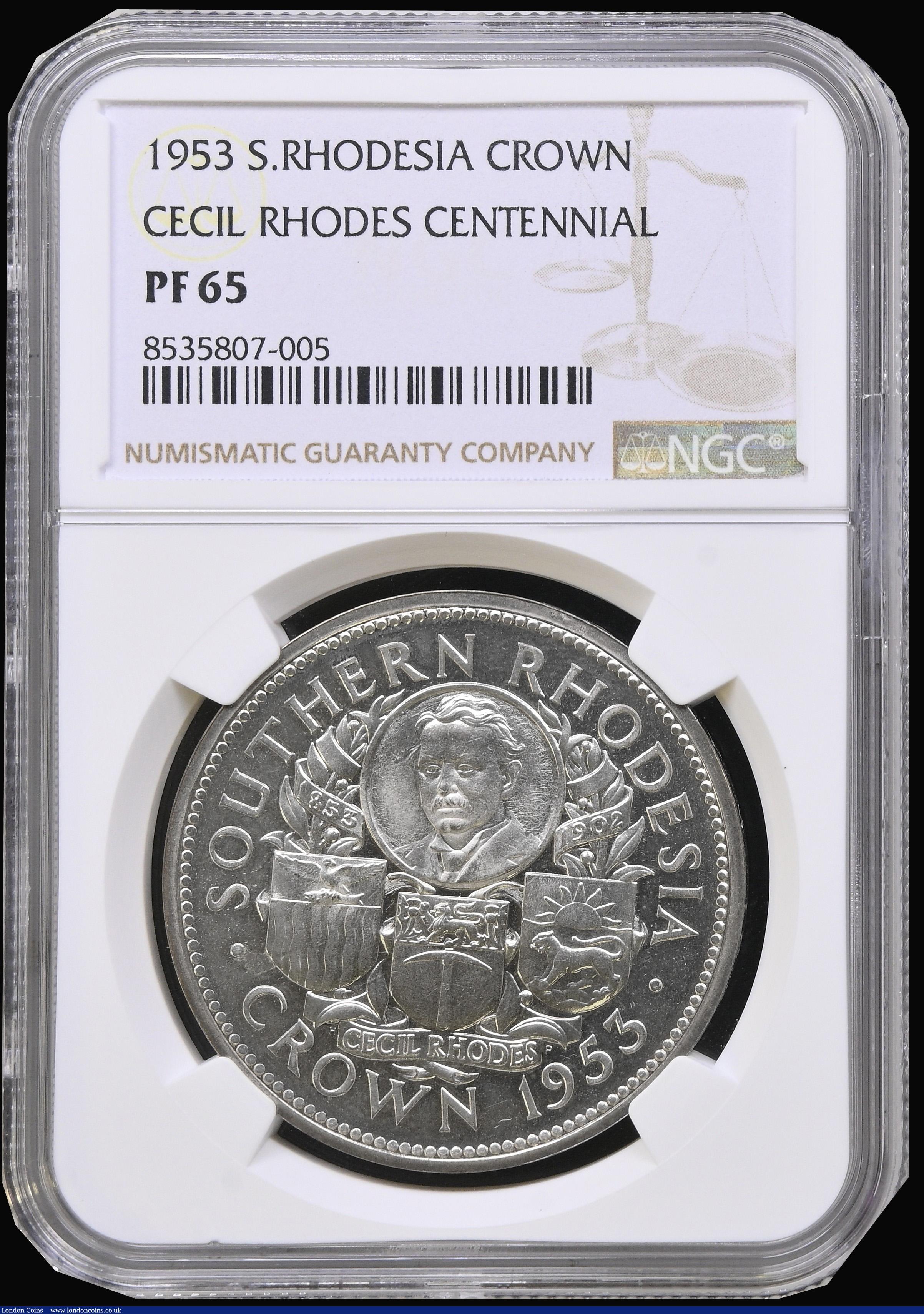London Coins : A193 : Lot 911 : Southern Rhodesia Crown 1953 Proof Cecil Rhodes Centenary KM#27 FDC and graded PF65 by NGC rare in t...