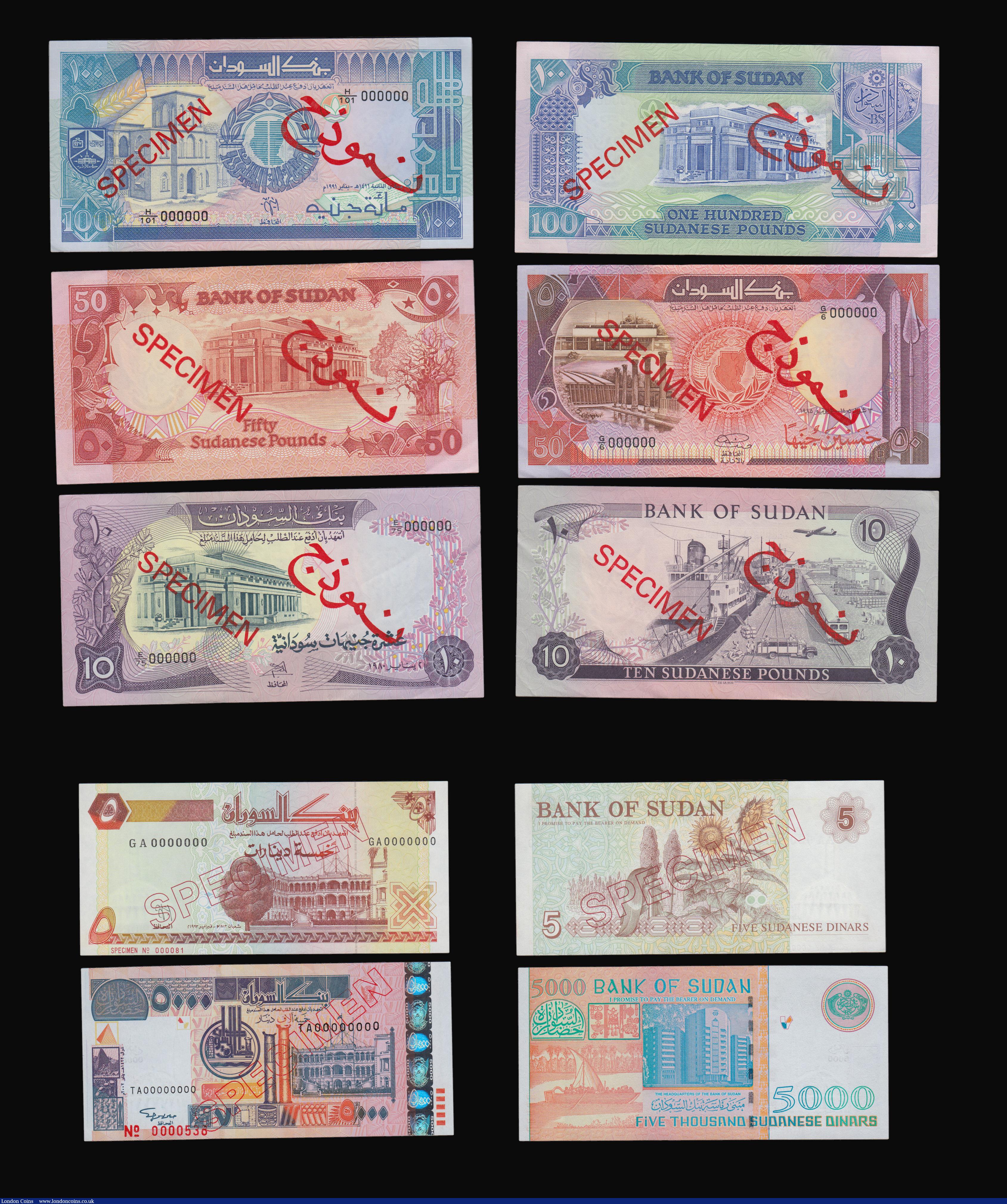 London Coins : A193 : Lot 95 : Bank of Sudan  SPECIMEN Notes (8)  100 Pounds 1991, 50 Pounds (2 )  1984, 2011,10 Pounds 1970,  Five...