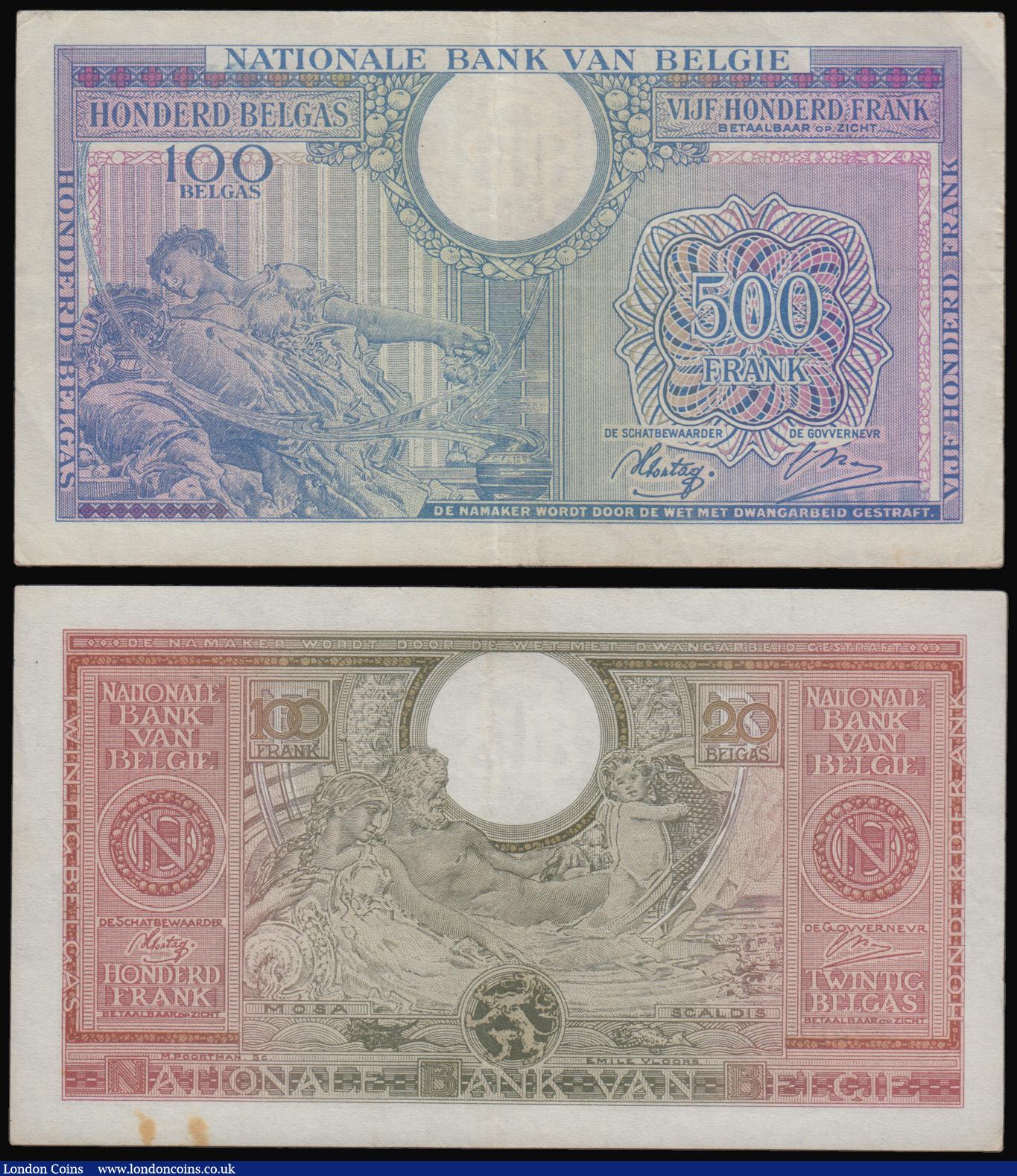 London Coins : A193 : Lot 96 : Belgium 1 Feb 1943 (2) 100 Francs 20 Belgas Pick 123 and 500 Francs 100 Belgas both VF or better the...