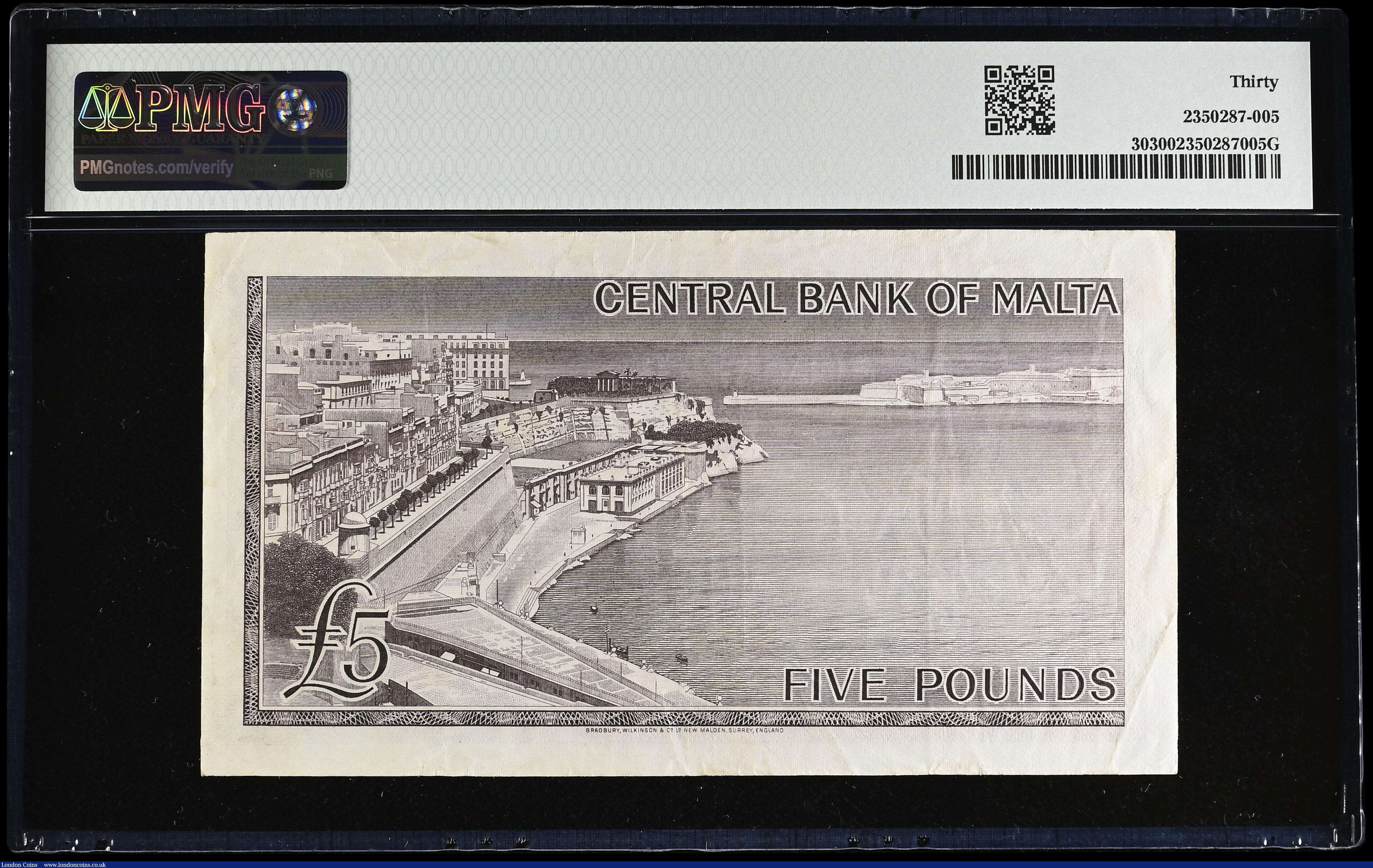 London Coins : A194 : Lot 103 : Malta 5 Pounds 1967(ND 1968) signed P.L Hogg PMG Very Fine 30