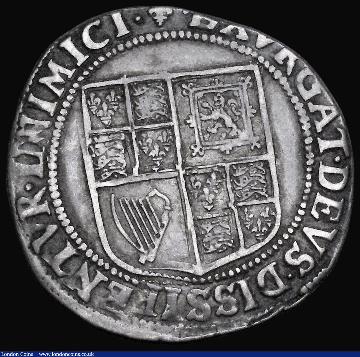 London Coins : A194 : Lot 1049 : Shilling James I 1st coinage, 2nd bust, mint mark Lis, 1603-4. S.2646. Fine with a weak portrait the...