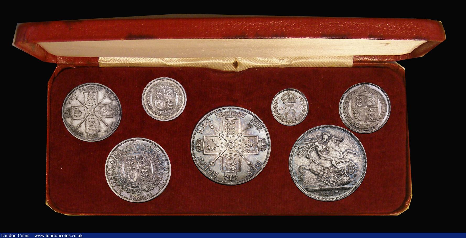 London Coins : A194 : Lot 1062 : 1887 Silver Set (6 coins, Crown - Silver 3d) the Double Florin with Roman 1 generally EF with an old...