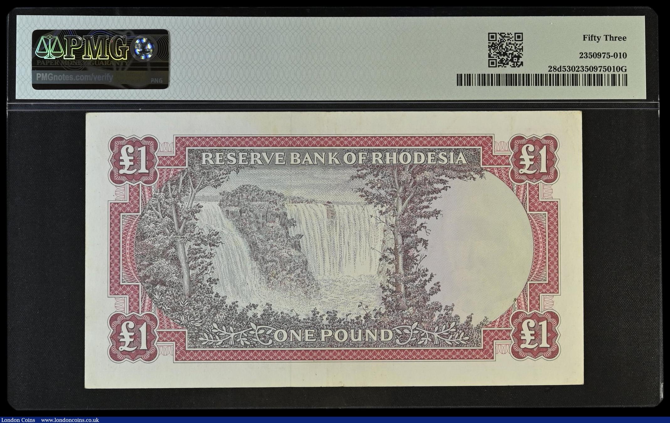 London Coins : A194 : Lot 108 : Rhodesia One Pound Salisbury 14 Oct 1968 K/29 713284 Pick 28d PMG About Uncirculated 53
