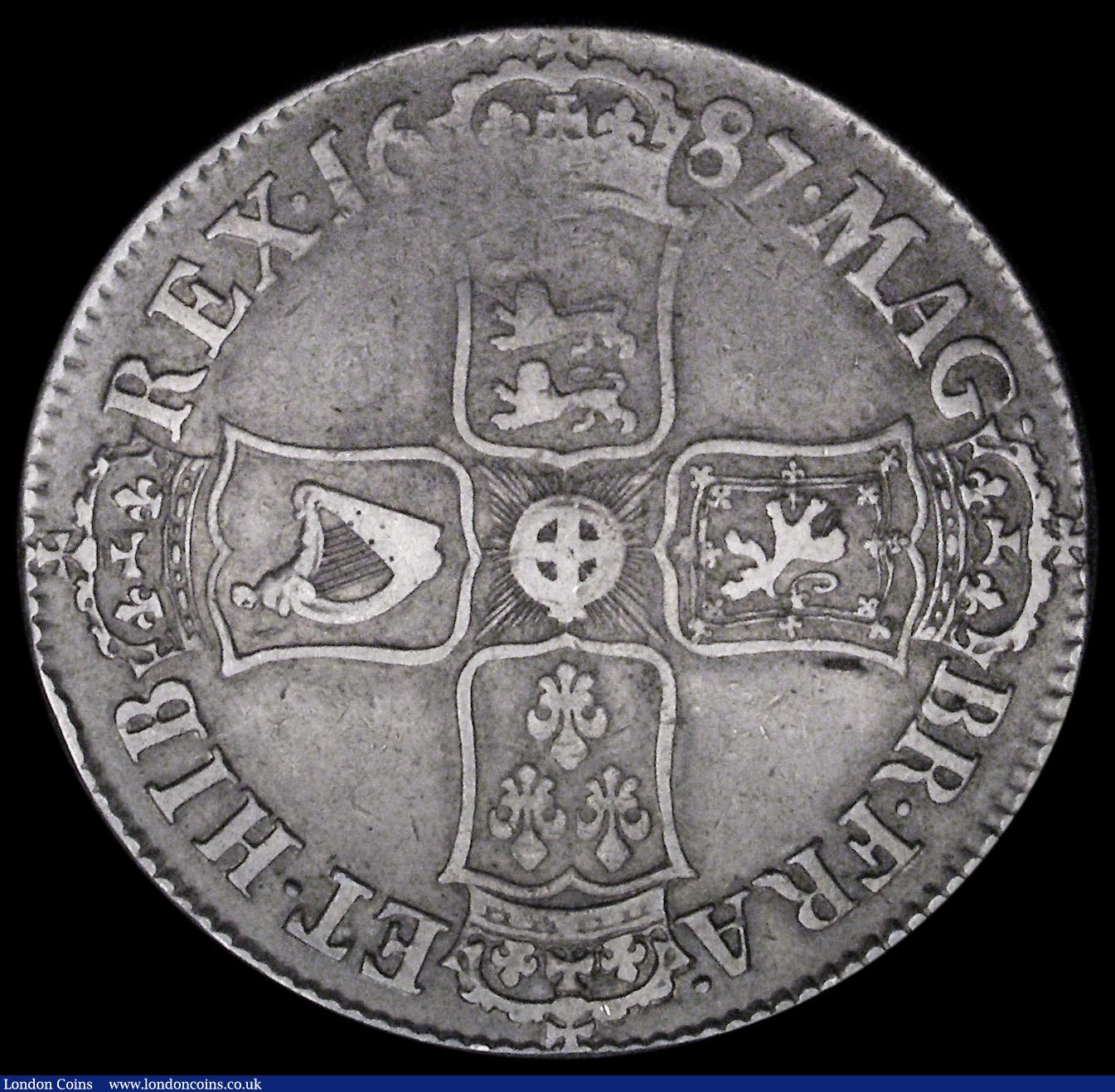 London Coins : A194 : Lot 1084 : Crown 1687 TERTIO edge ESC 78, Bull 743 harp with 8 strings Good Fine/Fine with an even old tone som...