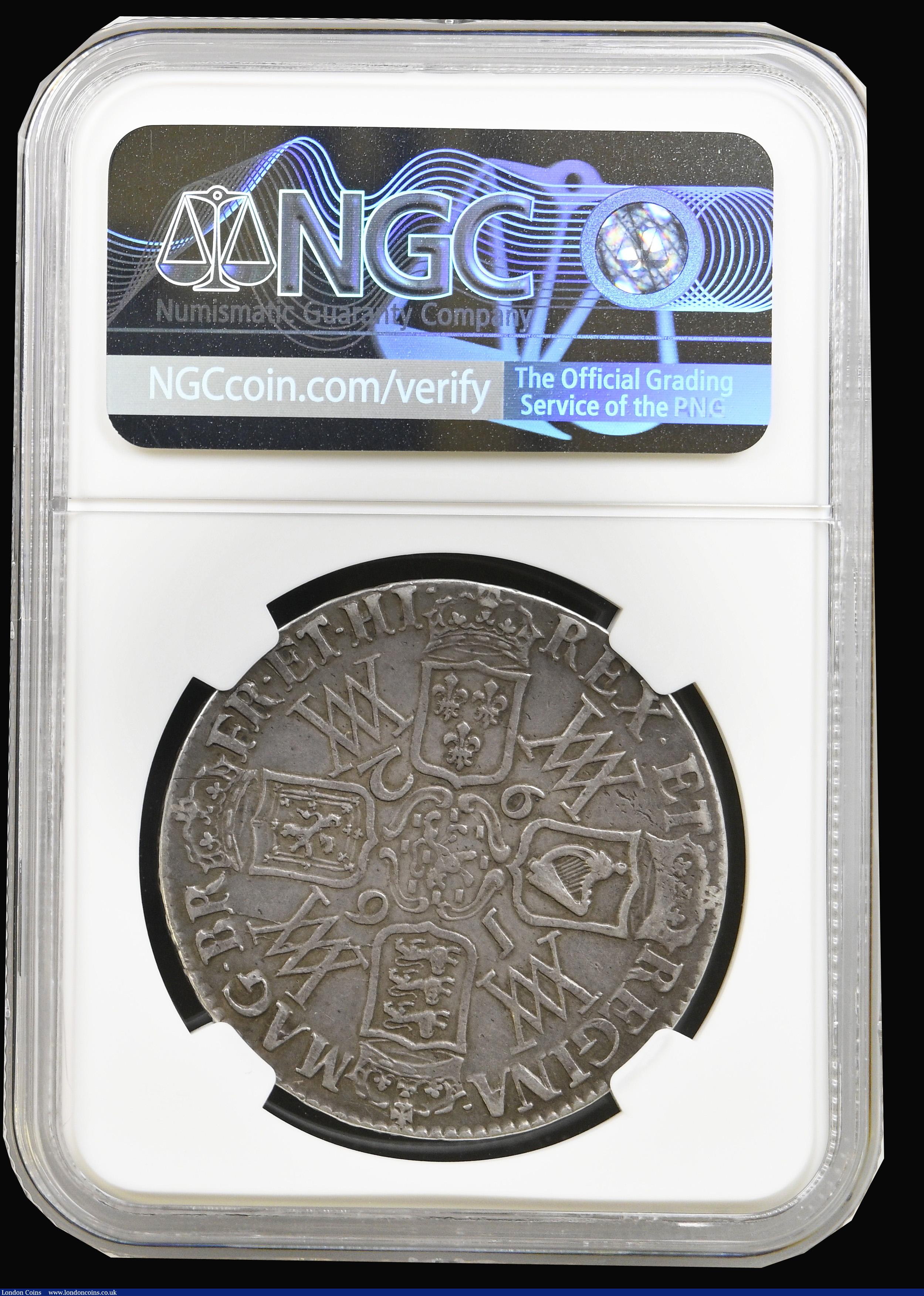 London Coins : A194 : Lot 1088 : Crown 1692 QVARTO edge, ESC 83, Bull 822, NGC XF40 desirable thus