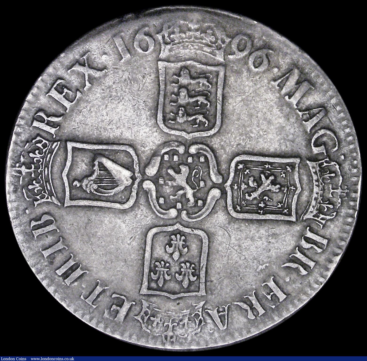 London Coins : A194 : Lot 1089 : Crown 1696 First Bust, OCTAVO edge, ESC 89, Bull 995 AVF
