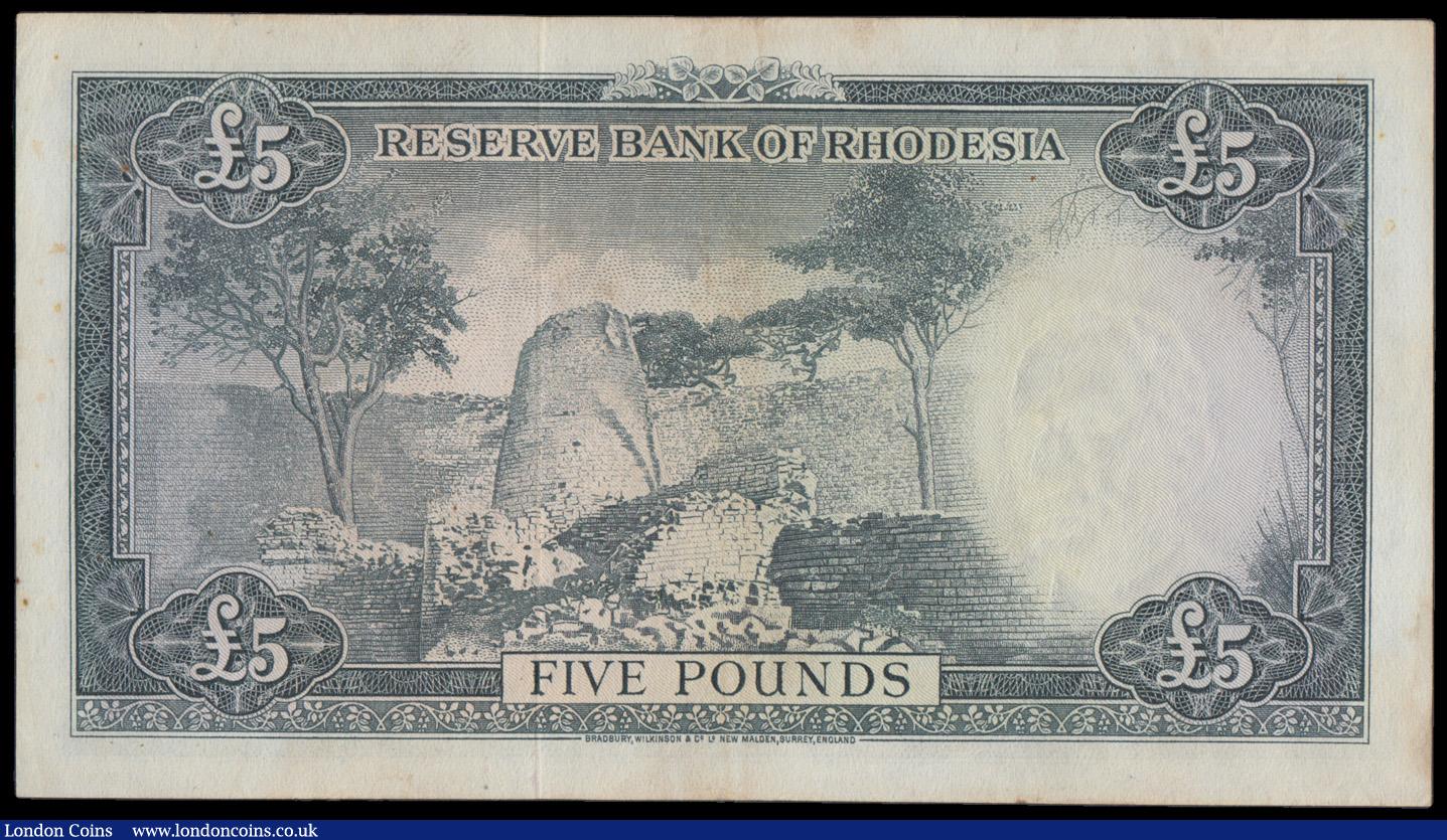 London Coins : A194 : Lot 109 : Rhodesia, Reserve Bank of Rhodesia, Five Pounds, 12 November 1964, Queen Elizabeth II at right, sabl...