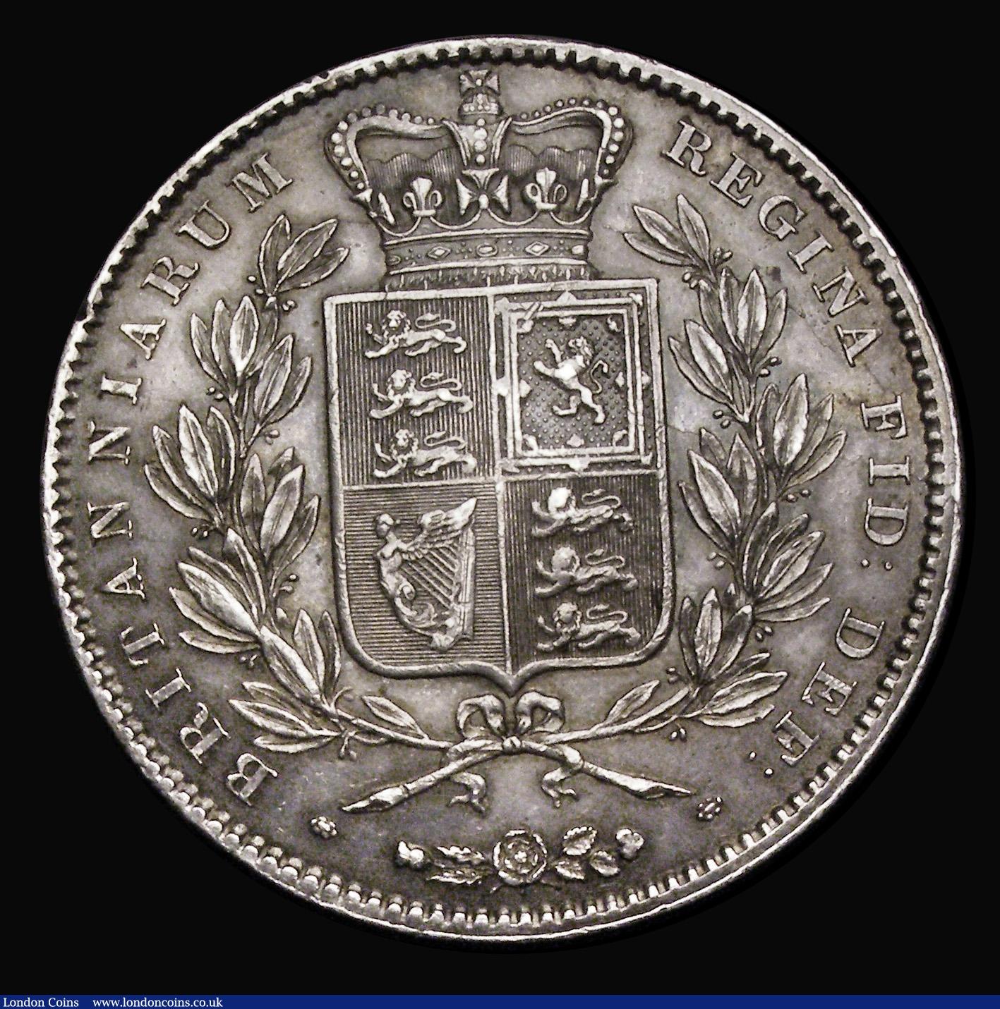 London Coins : A194 : Lot 1100 : Crown 1845 Cinquefoil stops on edge ESC 282, Bull 2564 EF the reverse better and with a pleasing ton...