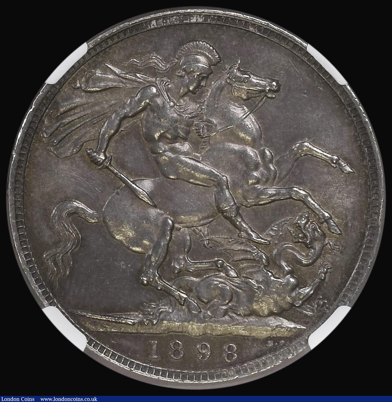 London Coins : A194 : Lot 1110 : Crown 1898 LXI, ESC 314, Bull 2604, NGC MS63 with an eye catching tone, a rare date/edge type combin...
