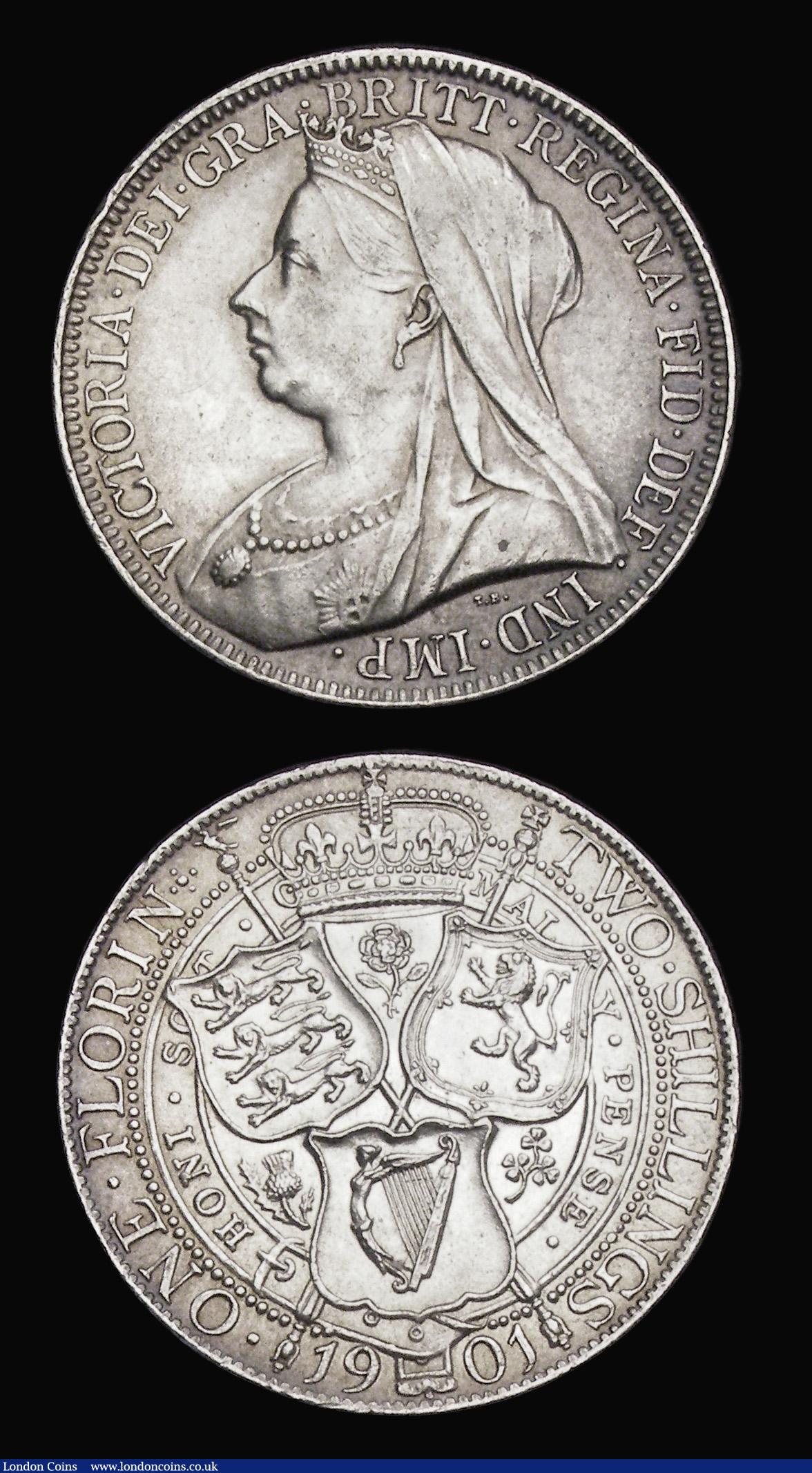 London Coins : A194 : Lot 1202 : Florin 1889 ESC 871, Bull 2957 EF and Florin 1901 GVF/EF the obverse once cleaned
