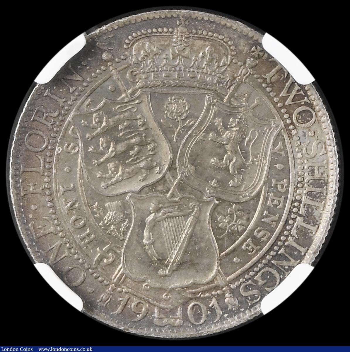 London Coins : A194 : Lot 1208 : Florin 1901 ESC 885, Bull 2972, beautifully toned Unc and in an NGC holder and graded MS62