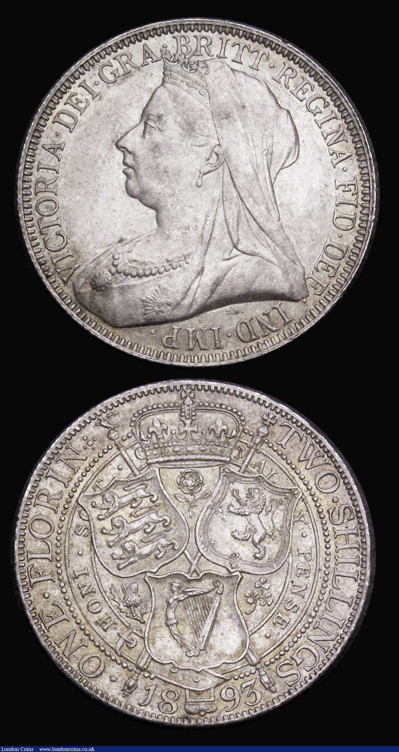 London Coins : A194 : Lot 1228 : Florins (2) 1893 currency issue AU and 1878 Die 12 Fine