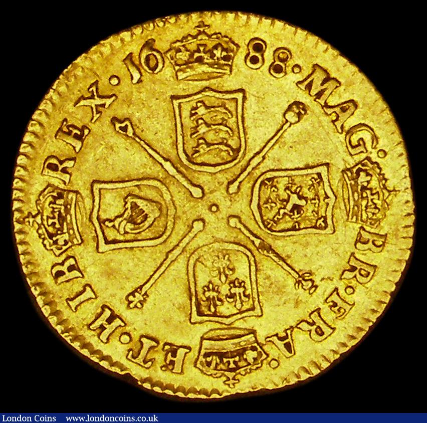 London Coins : A194 : Lot 1255 : Half Guinea 1688 James II, laureate and draped bust left, reverse with crowned cruciform shields and...