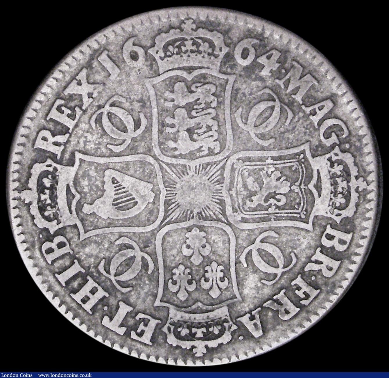 London Coins : A194 : Lot 1274 : Halfcrown 1664 XVI edge ESC 460, Bull 445 VG/near Fine evenly toned pleasing for grade a seldom offe...