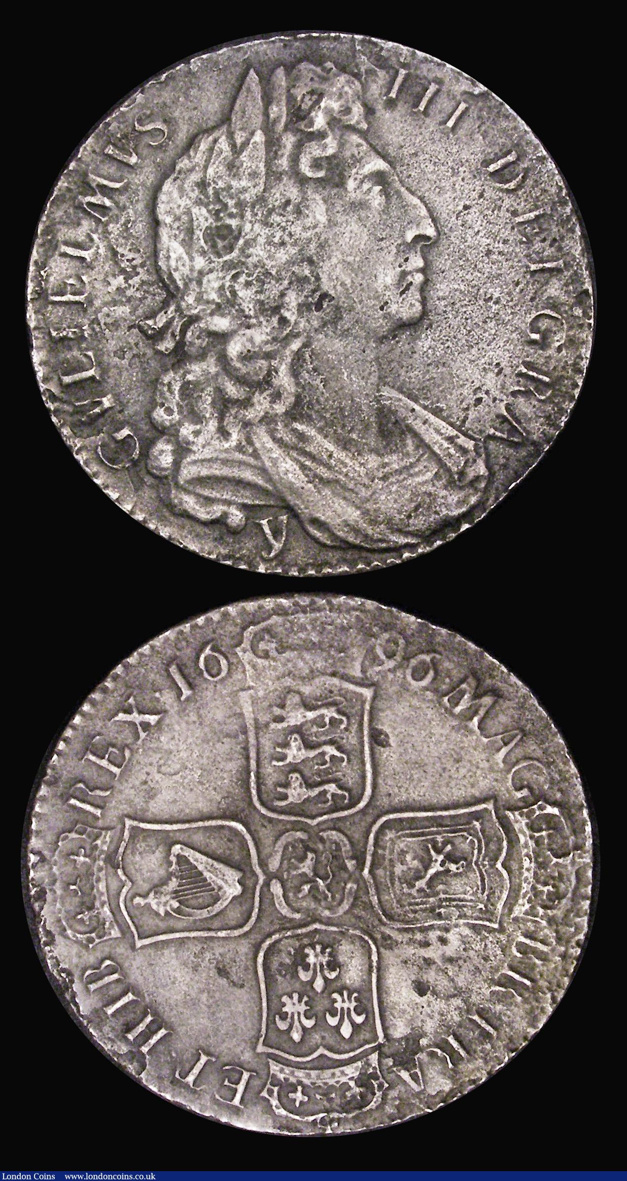 London Coins : A194 : Lot 1278 : Halfcrown 1687 ESC 498, Bull 753 Fine the edges worn smooth and Halfcrown 1696y VF Details waterworn