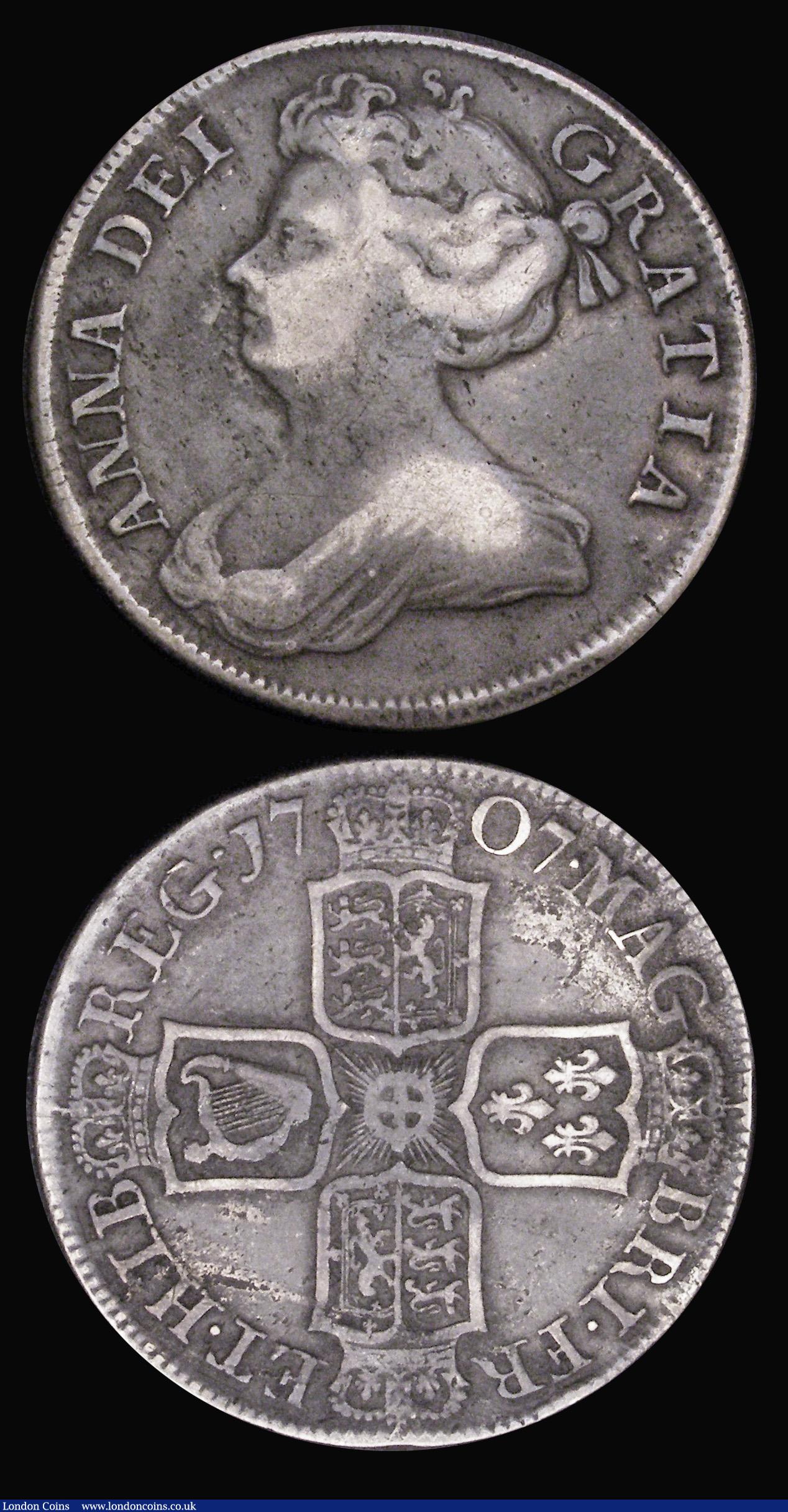 London Coins : A194 : Lot 1286 : Halfcrown 1707 SEPTIMO edge, Plain in angles and below bust ESC 574, Bull 1366 and Halfcrown 1707E, ...