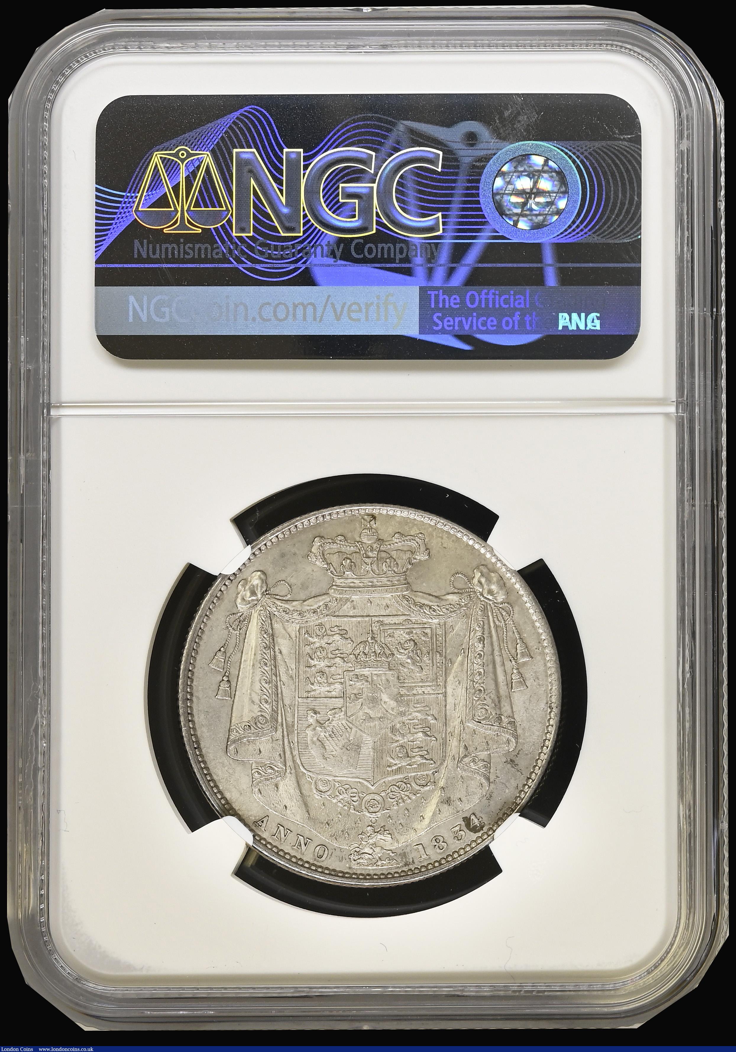 London Coins : A194 : Lot 1300 : Halfcrown 1834 WW in script ESC 662 Bull 2478 NGC MS62