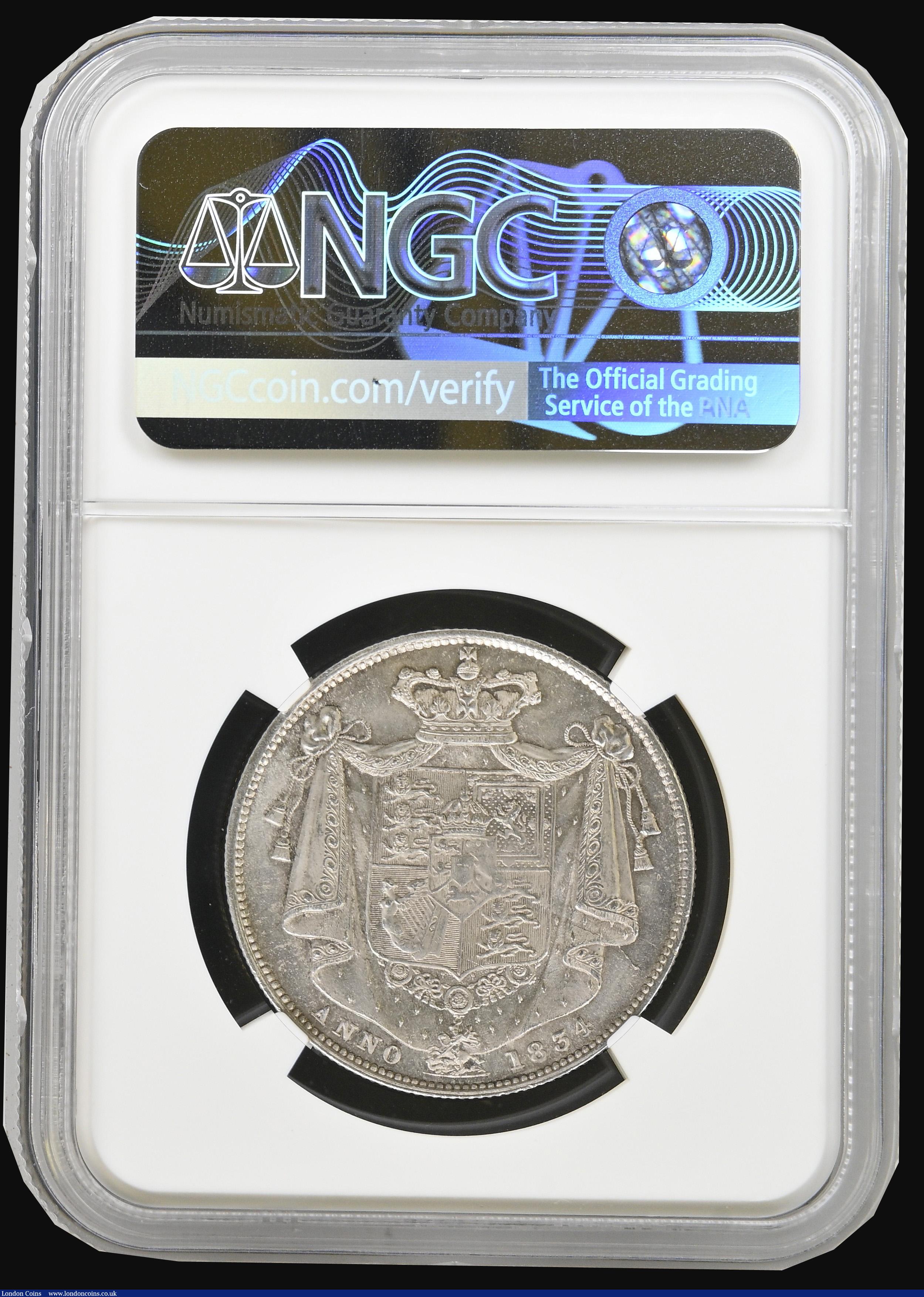 London Coins : A194 : Lot 1301 : Halfcrown 1834 WW in script ESC 662, Bull 2478 Choice and graded MS64 by NGC rare and desirable thus