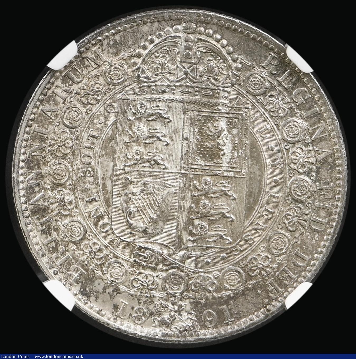 London Coins : A194 : Lot 1317 : Halfcrown 1891 ESC 724, Bull 2776 Unc with a rich a pleasing tone graded MS63 by NGC desirable thus