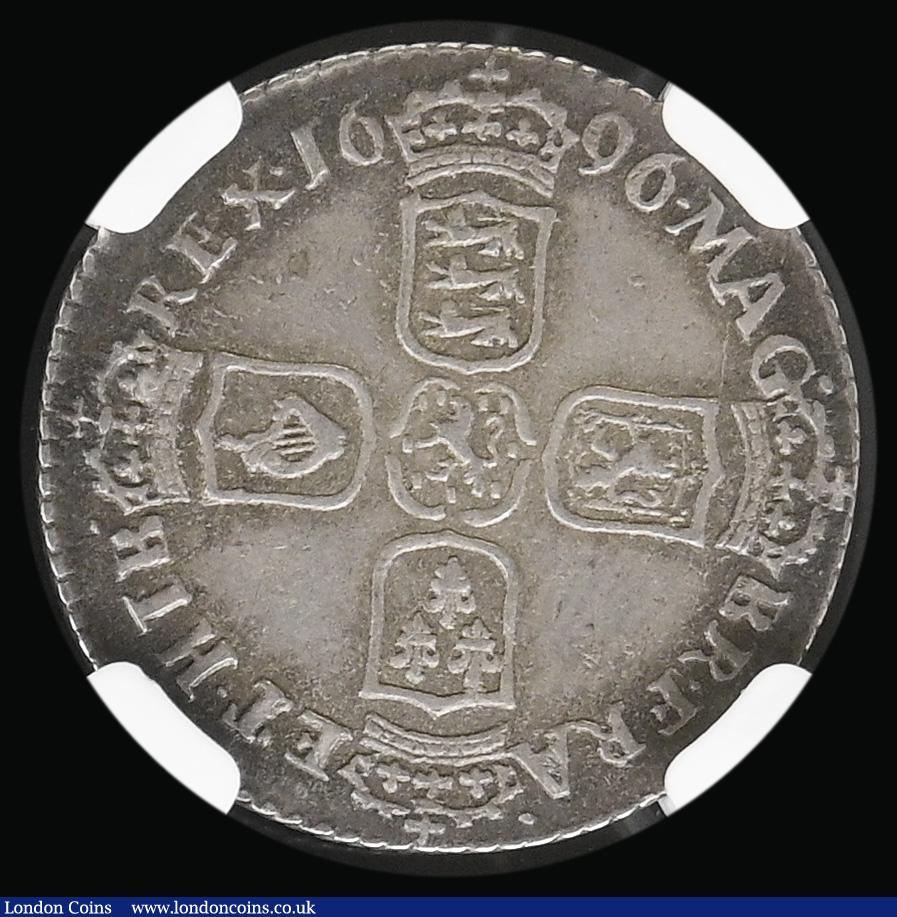London Coins : A194 : Lot 1591 : Sixpence 1696 First Bust, Early Harp, Large Crowns ESC 1533, Bull 1202 NGC AU58