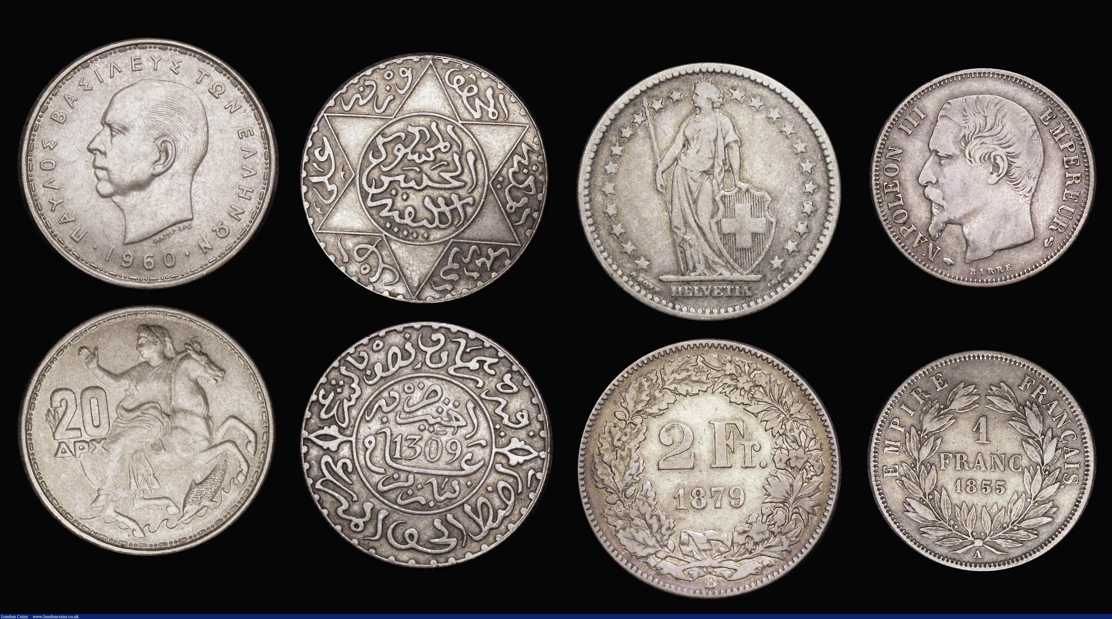 London Coins : A194 : Lot 1979 : World France 1 Franc 1855A NVF, 2 Francs 1887A VF and 1895A EF, Greece 20 Drachmai 1860 AU, Morocco ...