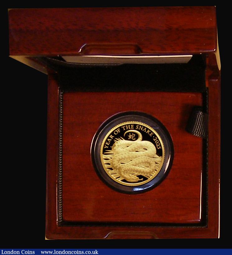 London Coins : A194 : Lot 211 : Twenty Five Pounds 2025 Lunar Year of the Snake 1/4 Ounce Gold Proof FDC cased as issued with certif...
