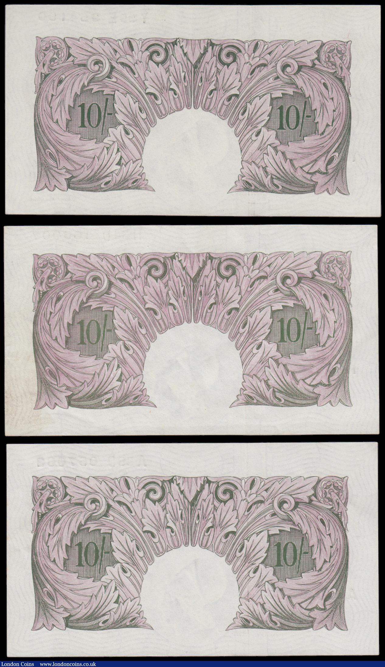 London Coins : A194 : Lot 25 : Ten shillings Peppiatt mauve B251 (3) issued 1940 prefixes A58D, H34D & Y95E, AU-UNC