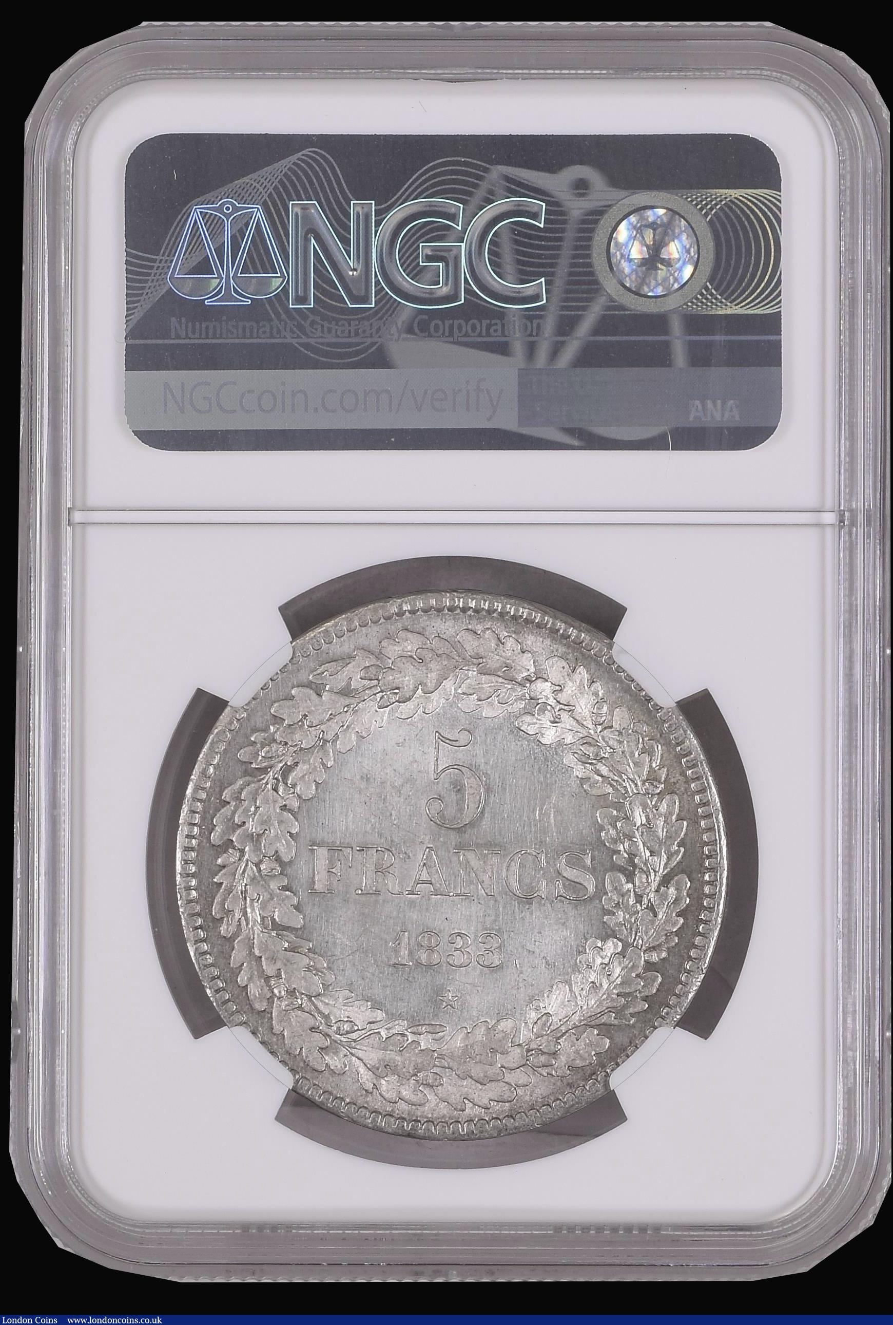 London Coins : A194 : Lot 453 : Belgium 5 Francs 1833 Position A KM#3.1 Choice Mint State and graded MS63 by NGC by far the best exa...