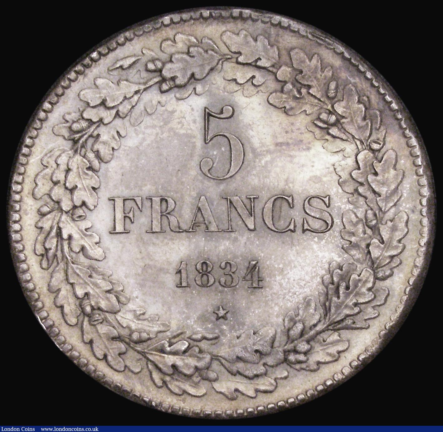 London Coins : A194 : Lot 454 : Belgium 5 Francs 1834 Position A KM3.1 Unc and extremely rare in this Choice grade, once cleaned now...