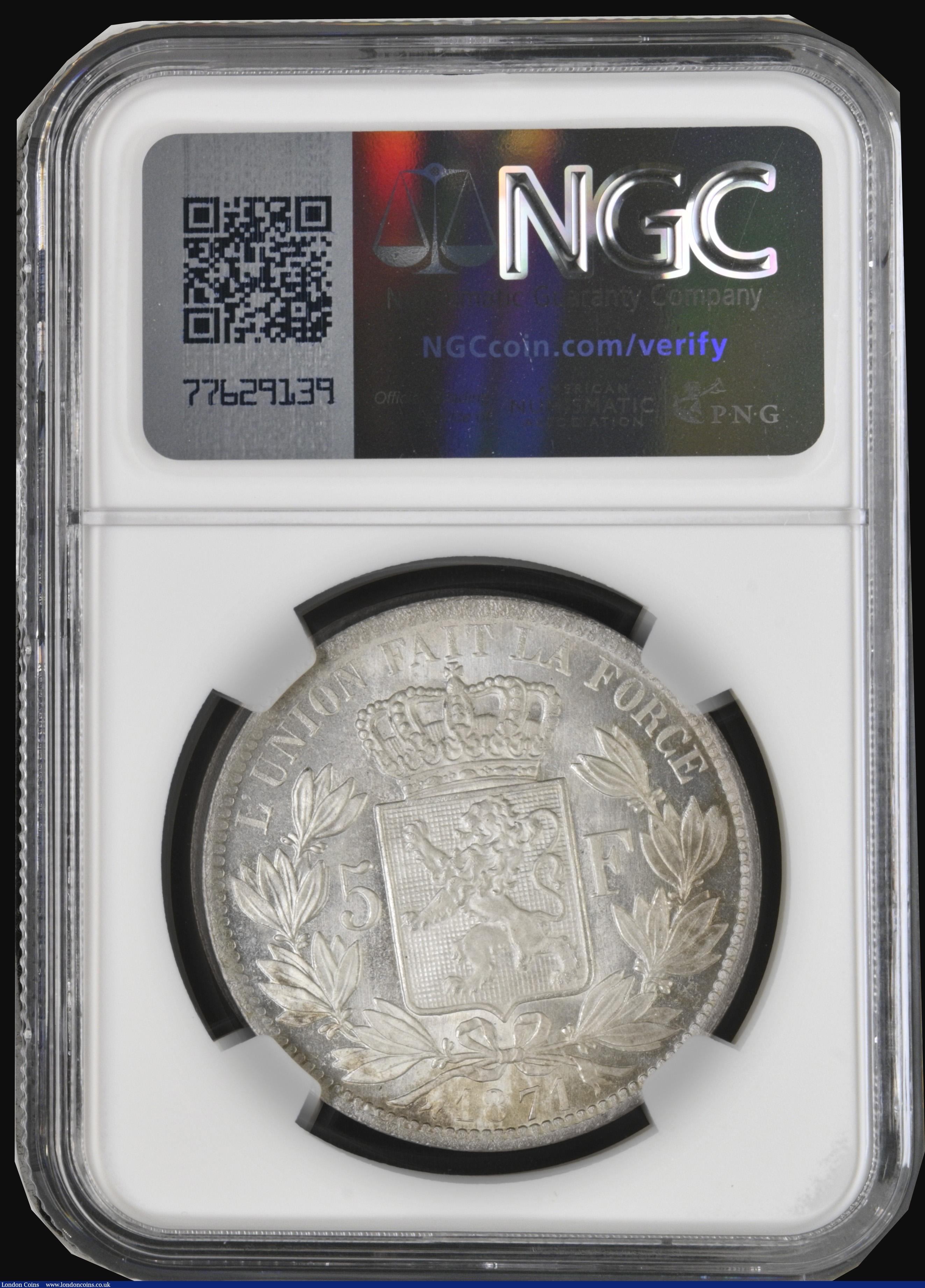 London Coins : A194 : Lot 458 : Belgium 5 Francs 1871 Plain Edge Silver Restrike Bogaert 1130B2 Choice and graded MS68 by NGC