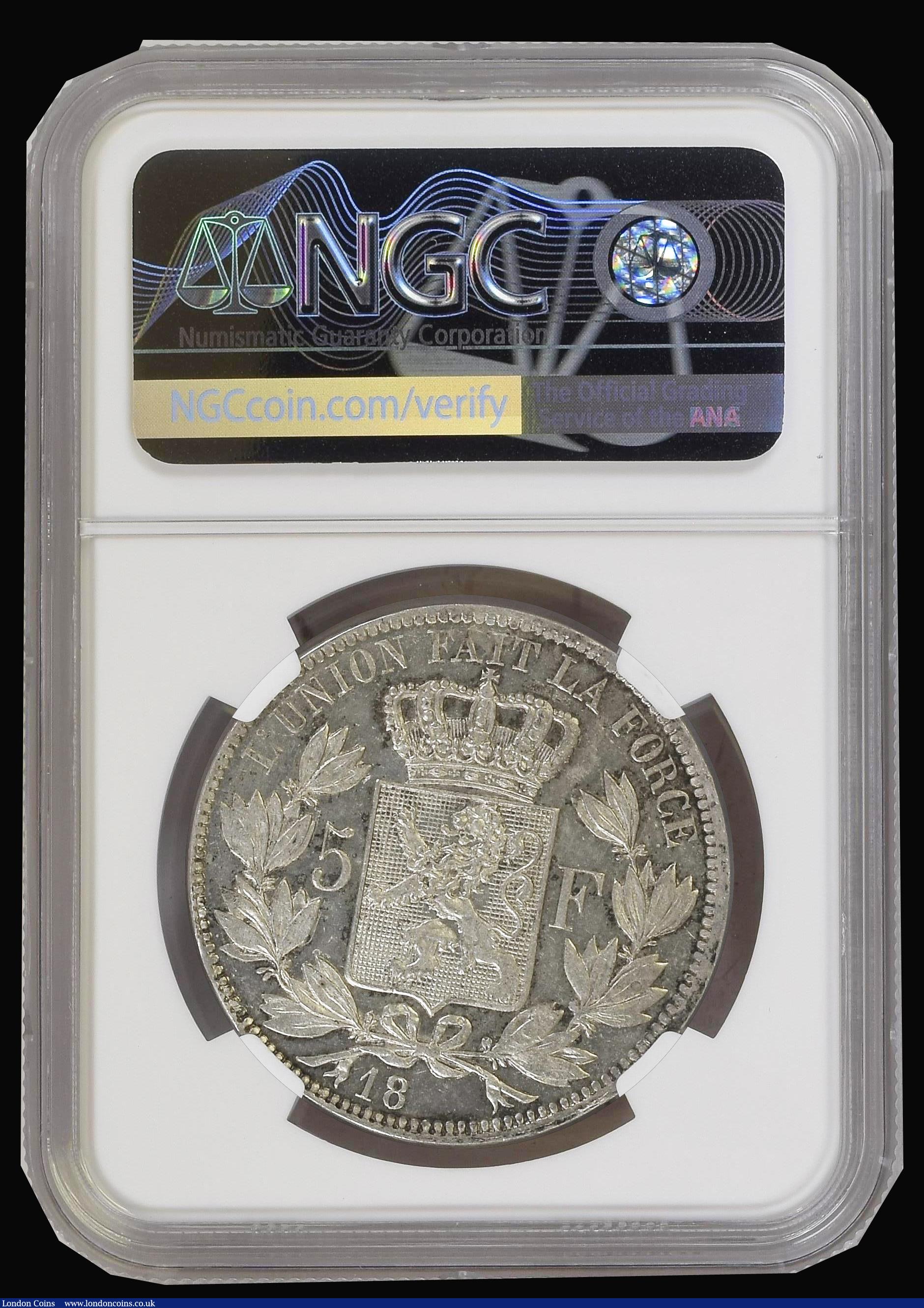 London Coins : A194 : Lot 460 : Belgium 5 Francs Leopold II Silver Pattern partially dated has 18 only below the shield reverse with...