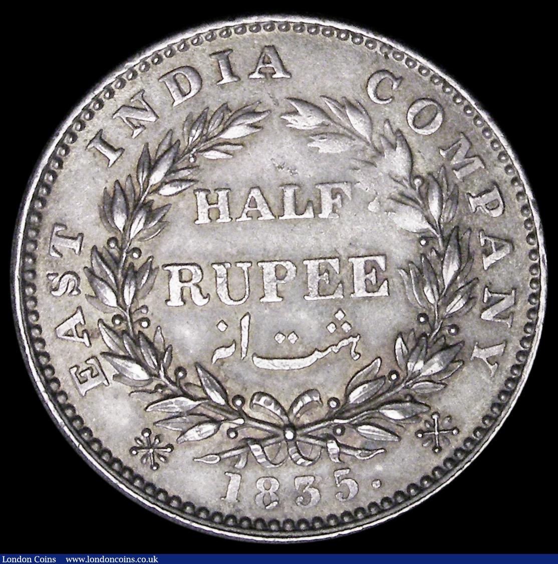 London Coins : A194 : Lot 587 : India Half Rupee 1835 with F incuse on truncation EF