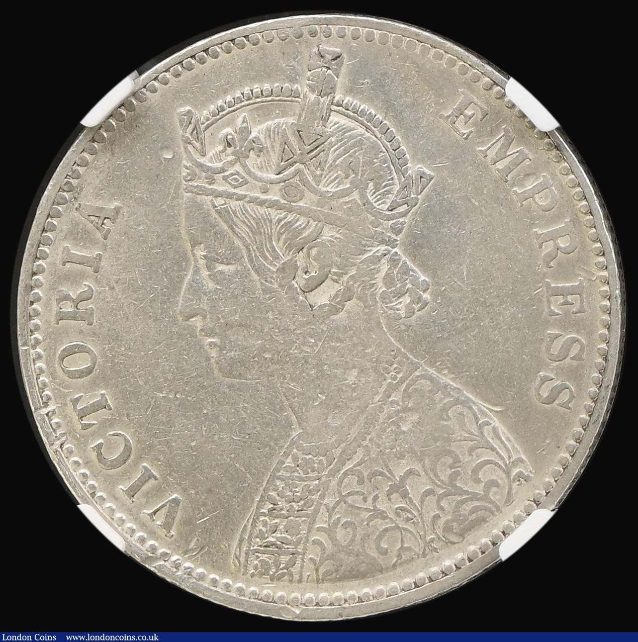London Coins : A194 : Lot 592 : India Rupee (1877-1901 series) Brockage in a NHC Holder MINT ERROR XF DETAILS CLEANED REVERSE BROCKA...