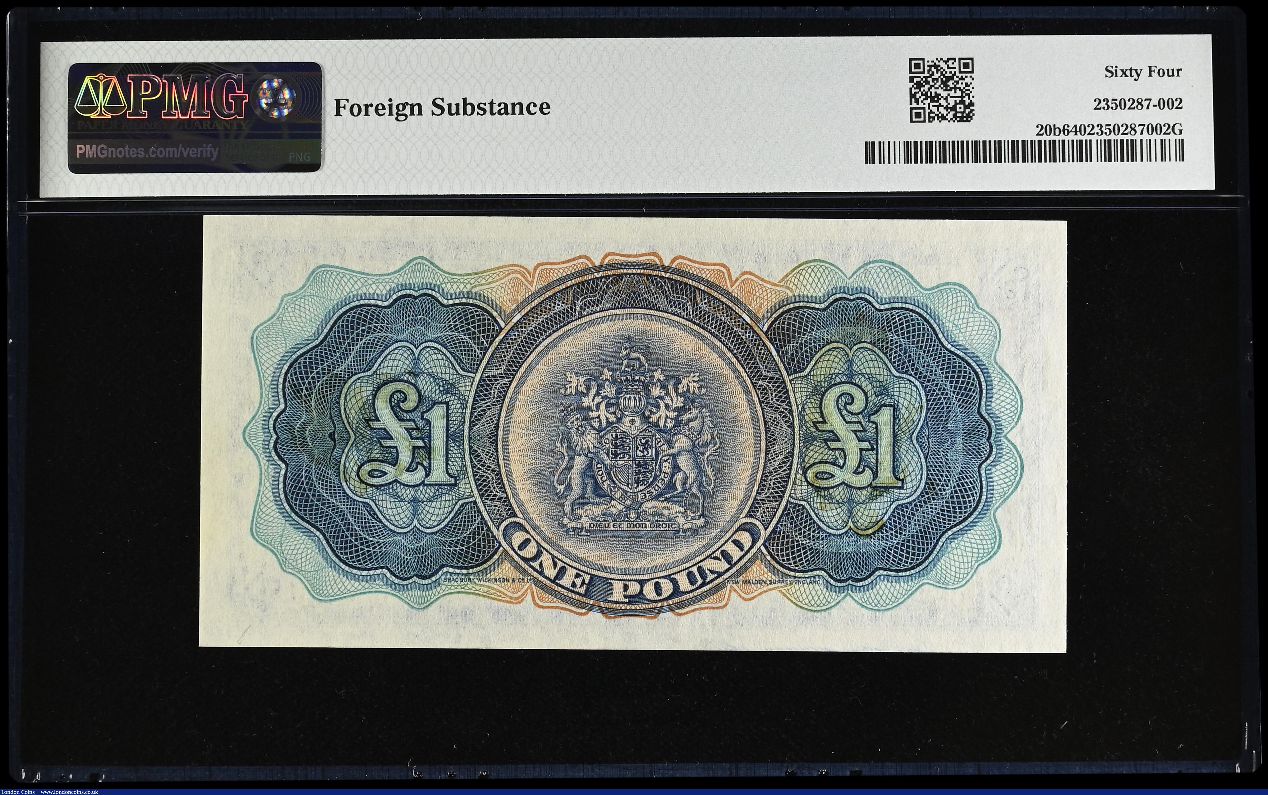 London Coins : A194 : Lot 64 : Bermuda 1 Dollar 1st May 1957 Pick 20b S/N V/1 949875 Choice Uncirculated PMG 64 FOREIGN SUBSTANCE