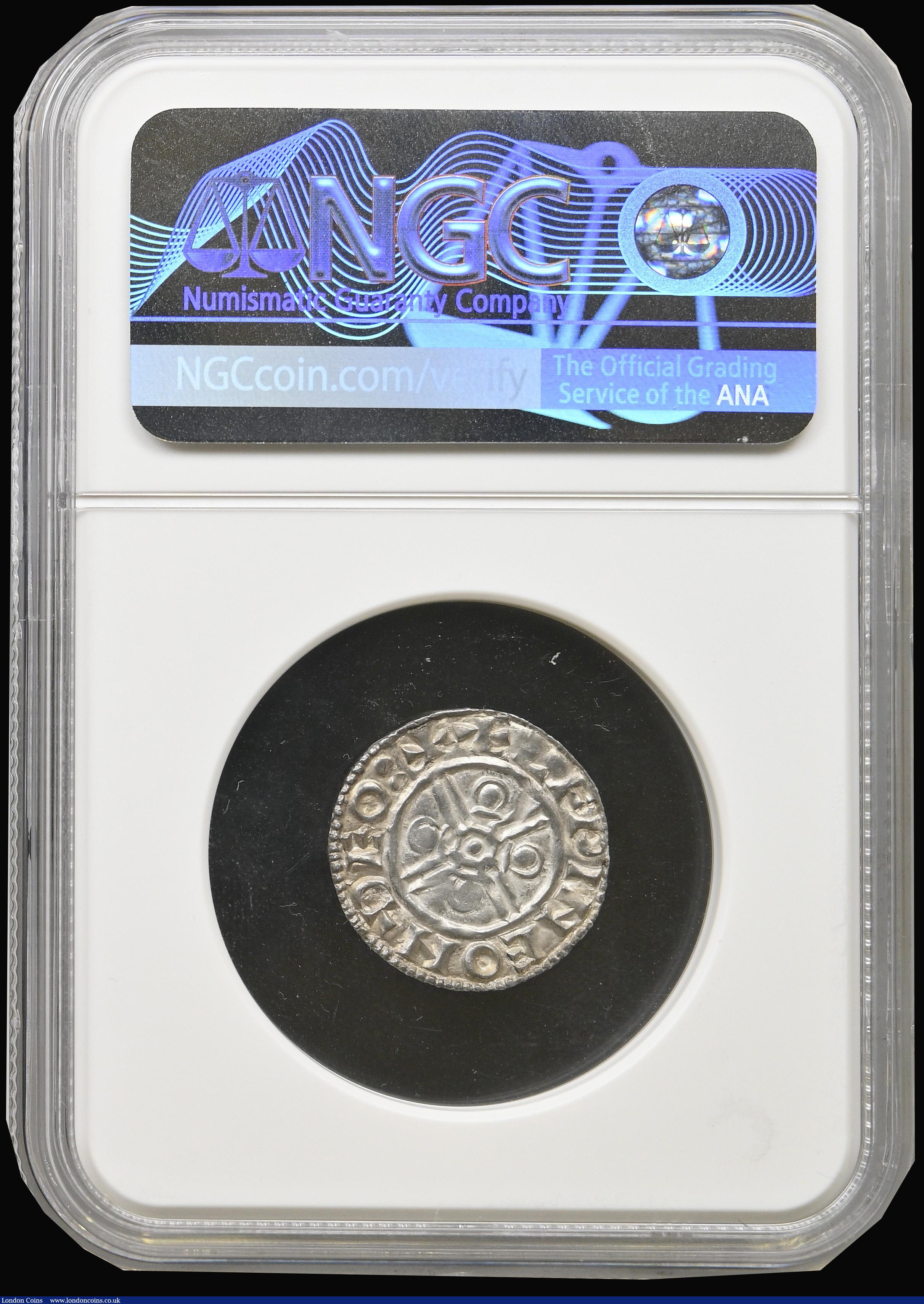 London Coins : A194 : Lot 810 : Penny Cnut Helmet type S.1158 Thetford Mint moneyer AELFWINE Lustrous Unc with a peripheral gold ton...