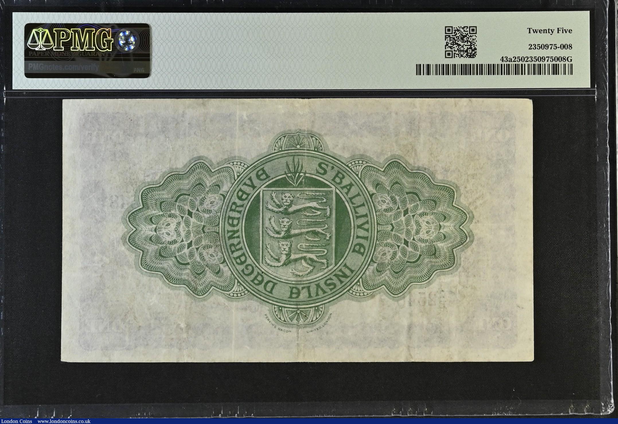 London Coins : A194 : Lot 84 : Guernsey 1 Pound dated 1st August 1945 series 2/E 2548 signed Marquand, Pick43a PMG 25 Very Fine