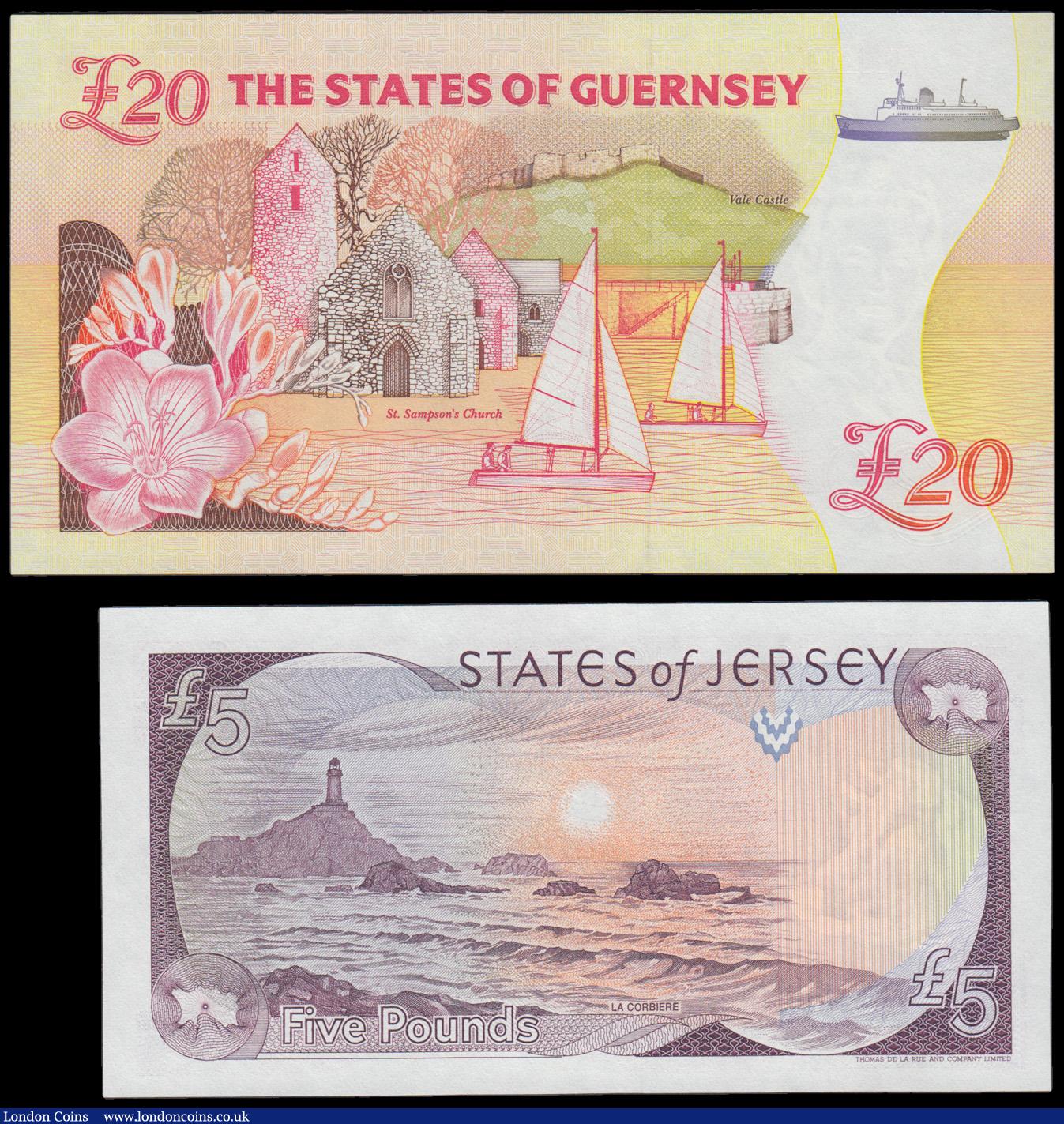 London Coins : A194 : Lot 85 : Guernsey 20 Pounds ND(1996) signed Trestain Pick 58a Unc along with Jersey 5 Pounds ND(1993) Pick 21...