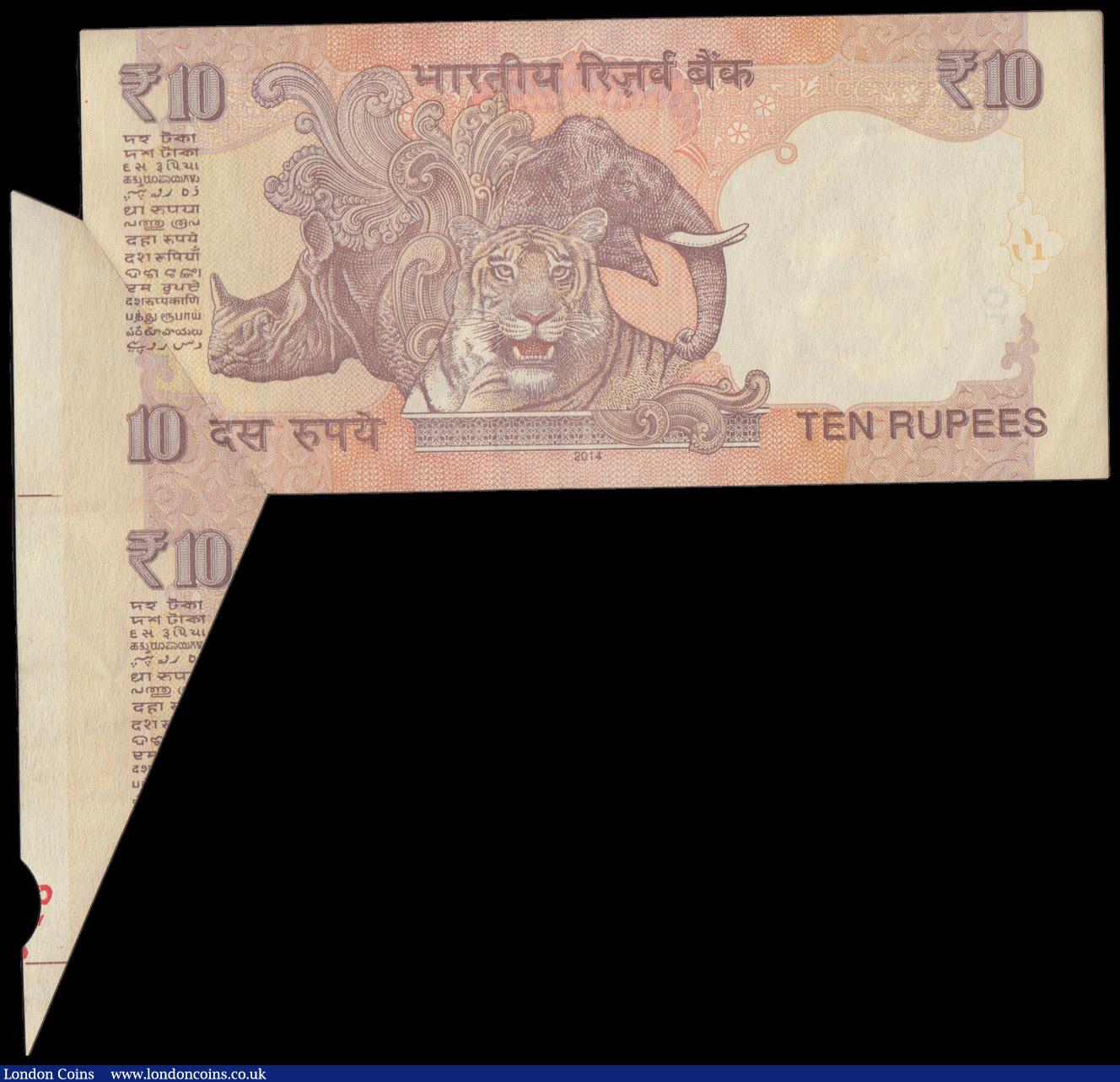London Coins : A194 : Lot 87 : India - Error 10 Rupees orange on white Gandhi at right red S/N 00G 736748, tiger before elephant re...