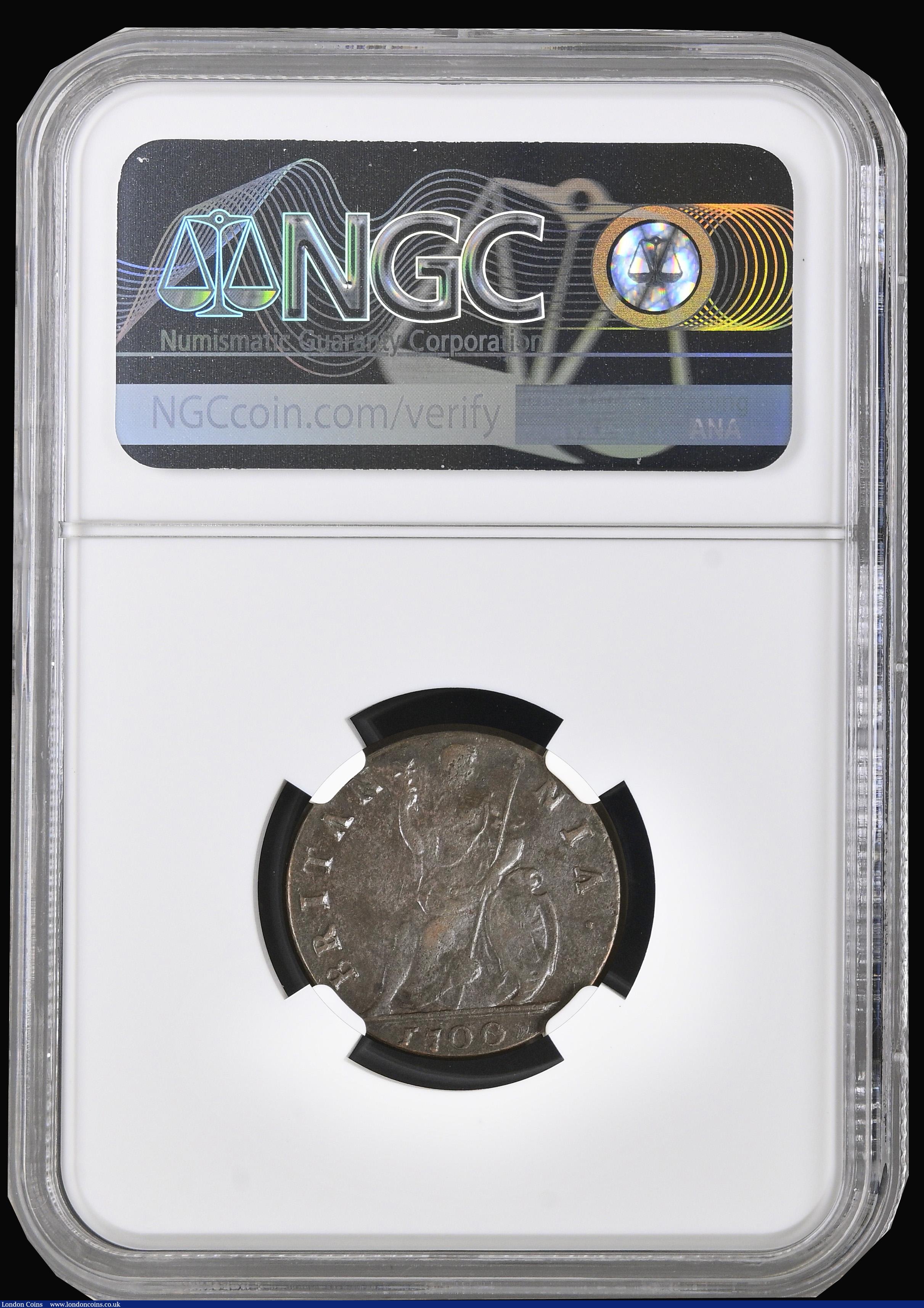 London Coins : A194 : Lot 948 : Farthing 1700 Unbarred A's in BRITANNIA, NGC MS61. William III Farthings rarely seen above Fine