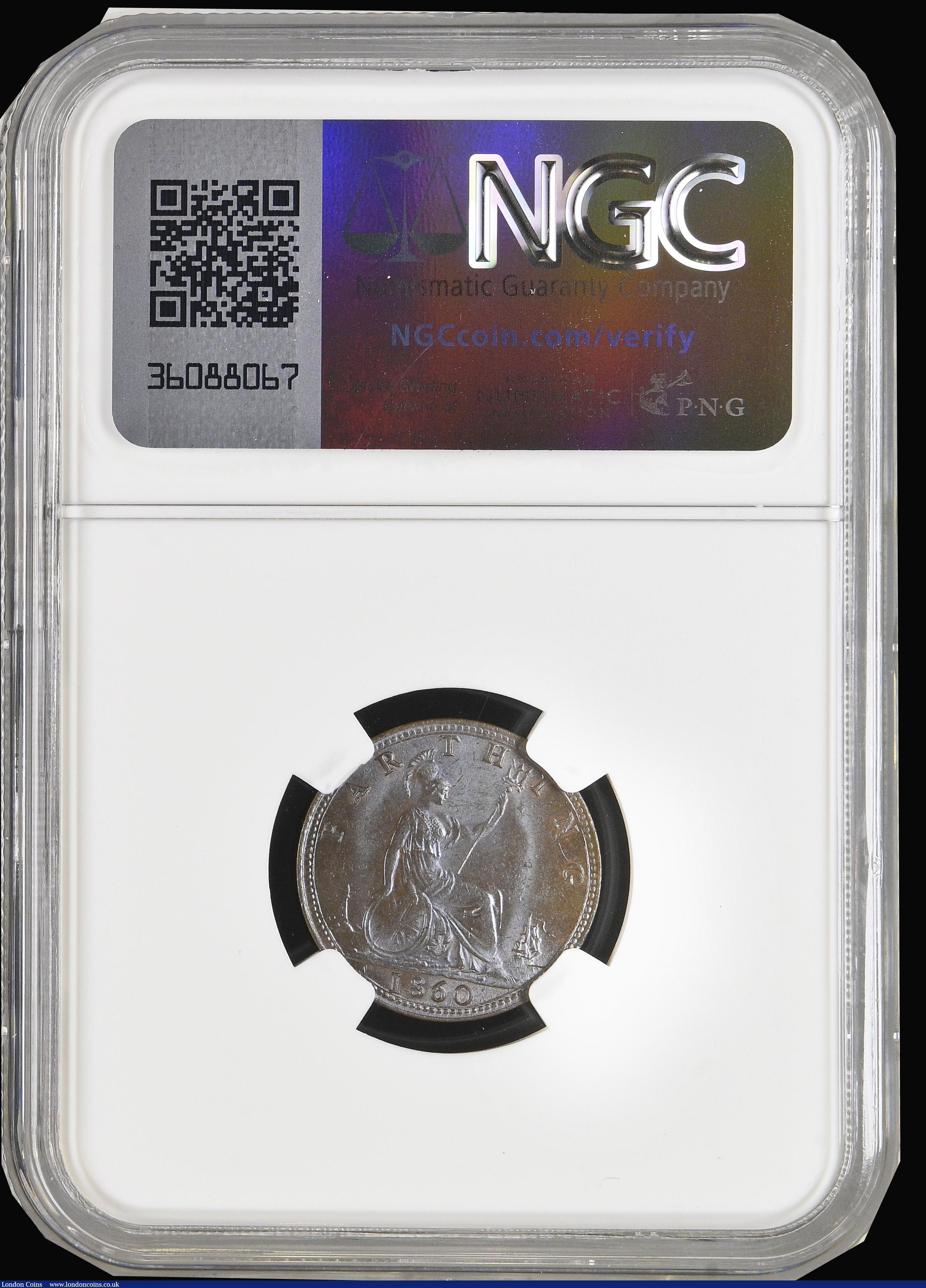 London Coins : A194 : Lot 972 : Farthing 1860 Toothed Border/Beaded Border mule Freeman 498 dies 2+A Unc with a hint of lustre, in a...