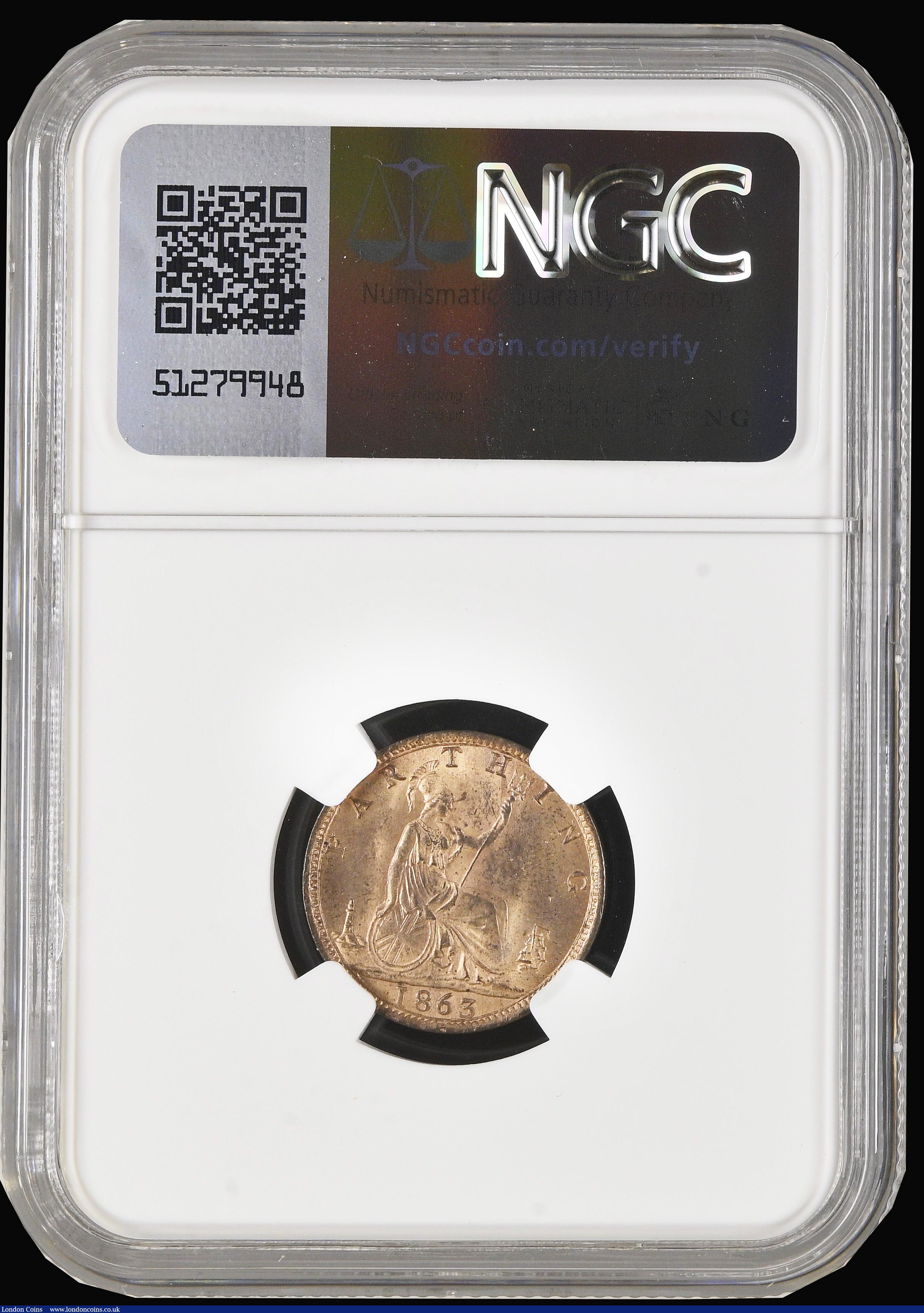 London Coins : A194 : Lot 973 : Farthing 1863 Freeman 509 dies 3+B Lustrous UNC rare thus and graded MS64 RB by NGC and the joint fi...