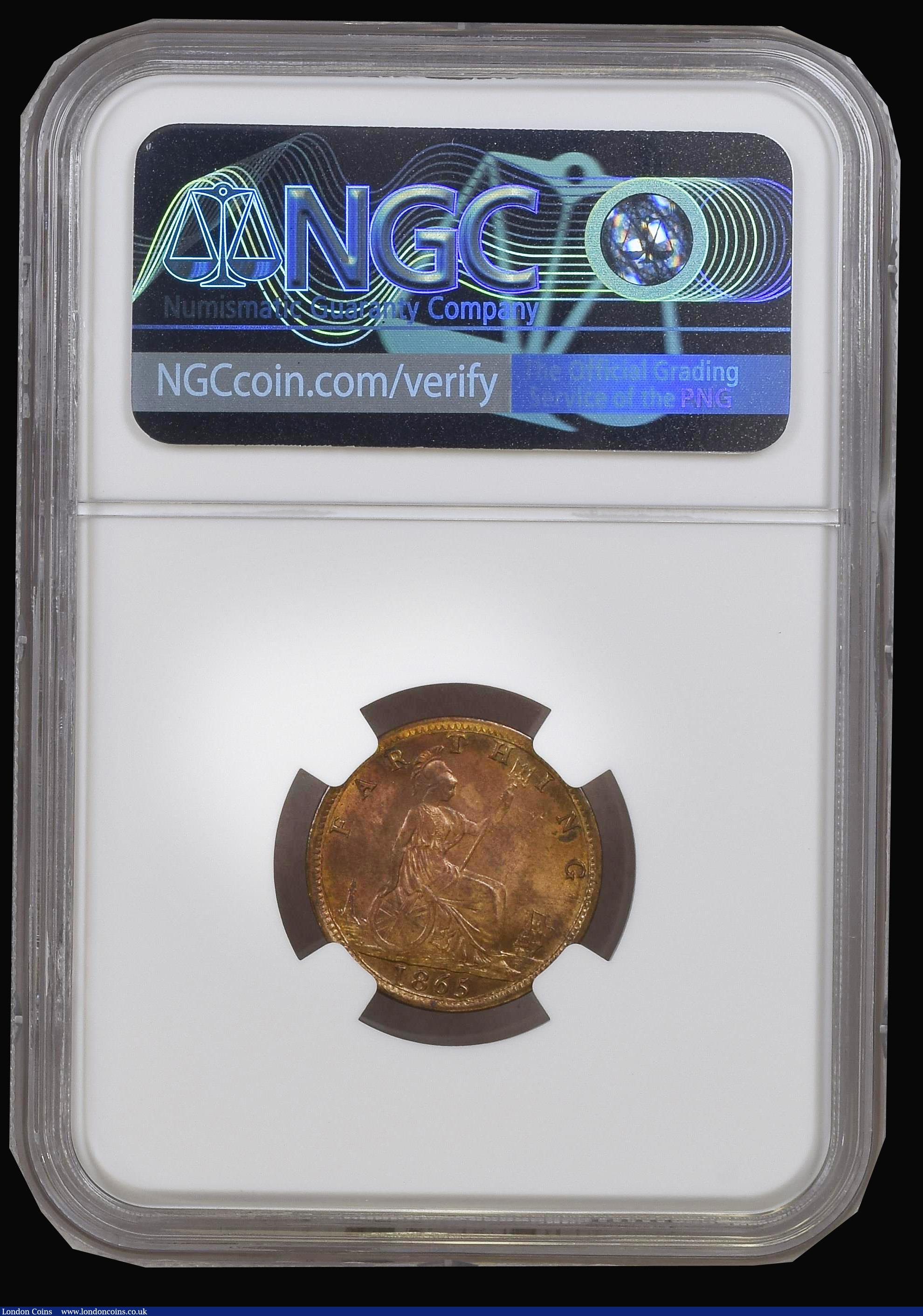 London Coins : A194 : Lot 974 : Farthing 1865 Large 8 in date Unc with considerable lustre and graded MS64 RB by NGC