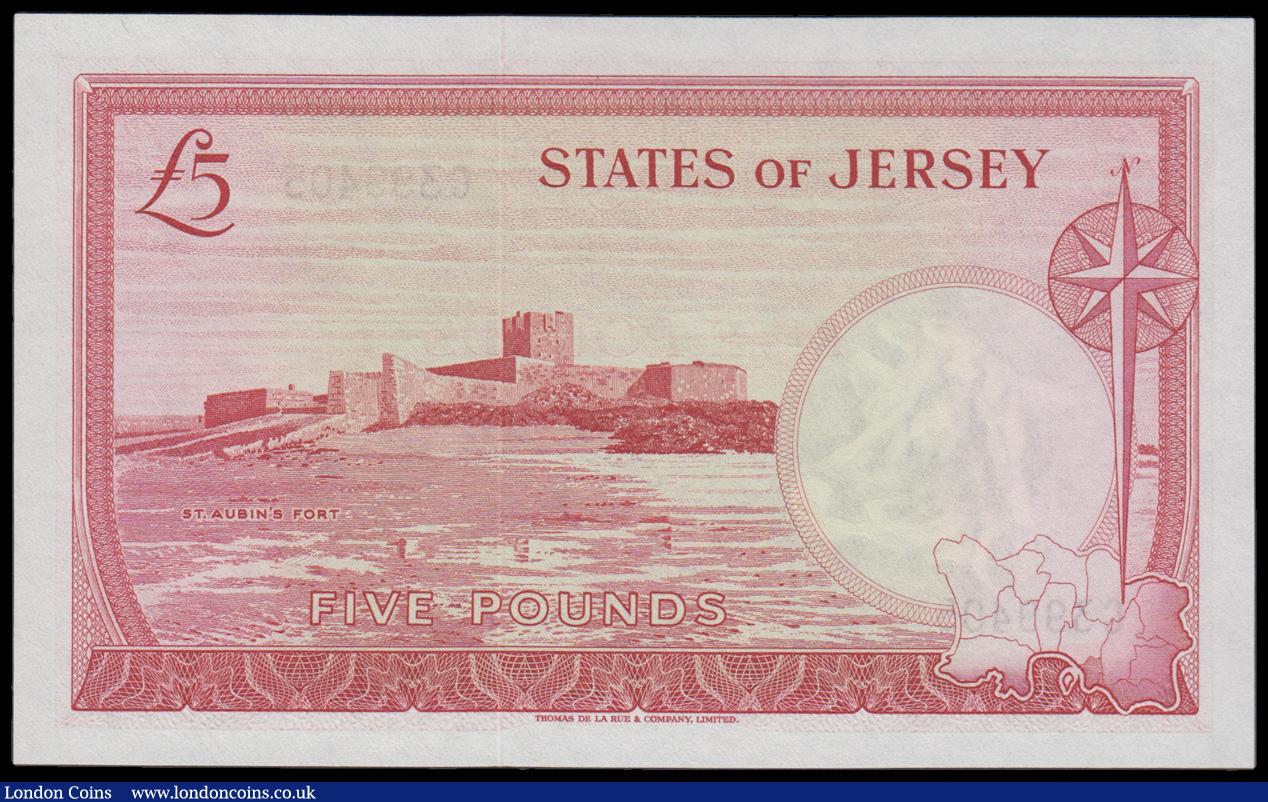 London Coins : A194 : Lot 98 : Jersey 5 Pounds ND(1963) red, signed Clennett young QE II S/N C399405 Pick 9b AU-UNC