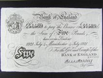 London Coins : A122 : Lot 147 : Five Pounds Harvey Manchester 4th July 1921aU and rare thus serial number U/46 51589 Duggleby B209a
